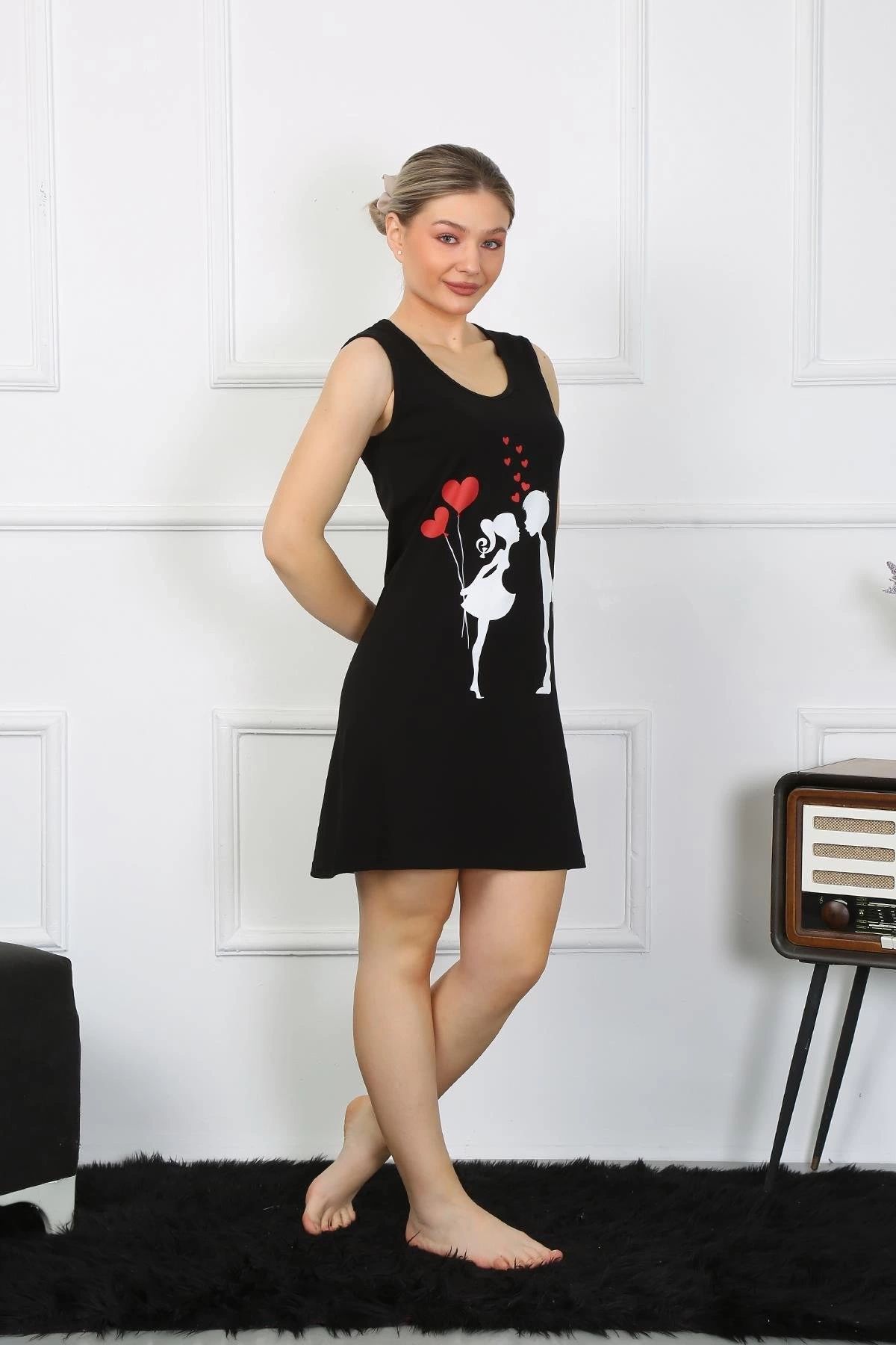 AsilSepet Kadın Kalın Askılı Penye Diz Üstü Siyah Gecelik