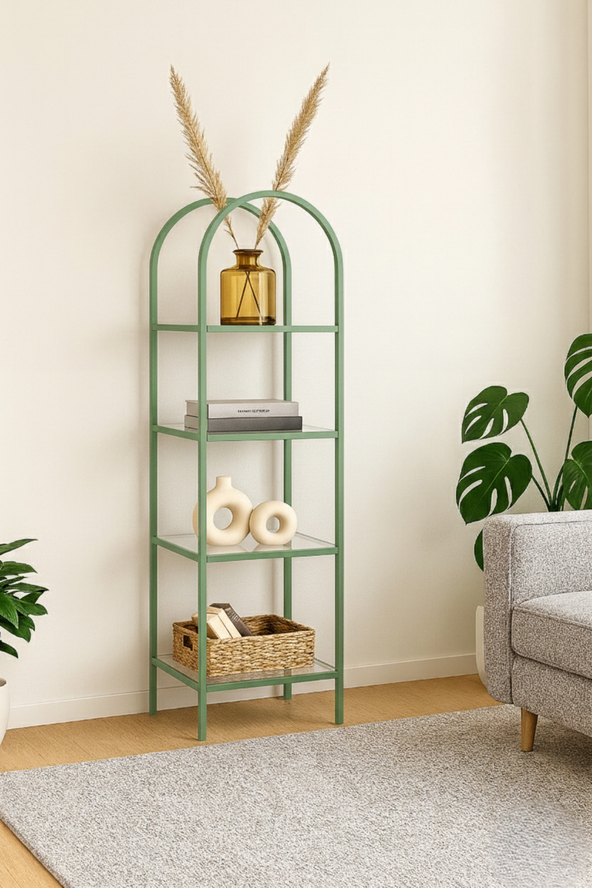 Mona Green Corner Bookcase Decorative Accessory Shelf Kitchen Shelf 40cm Clear Glass