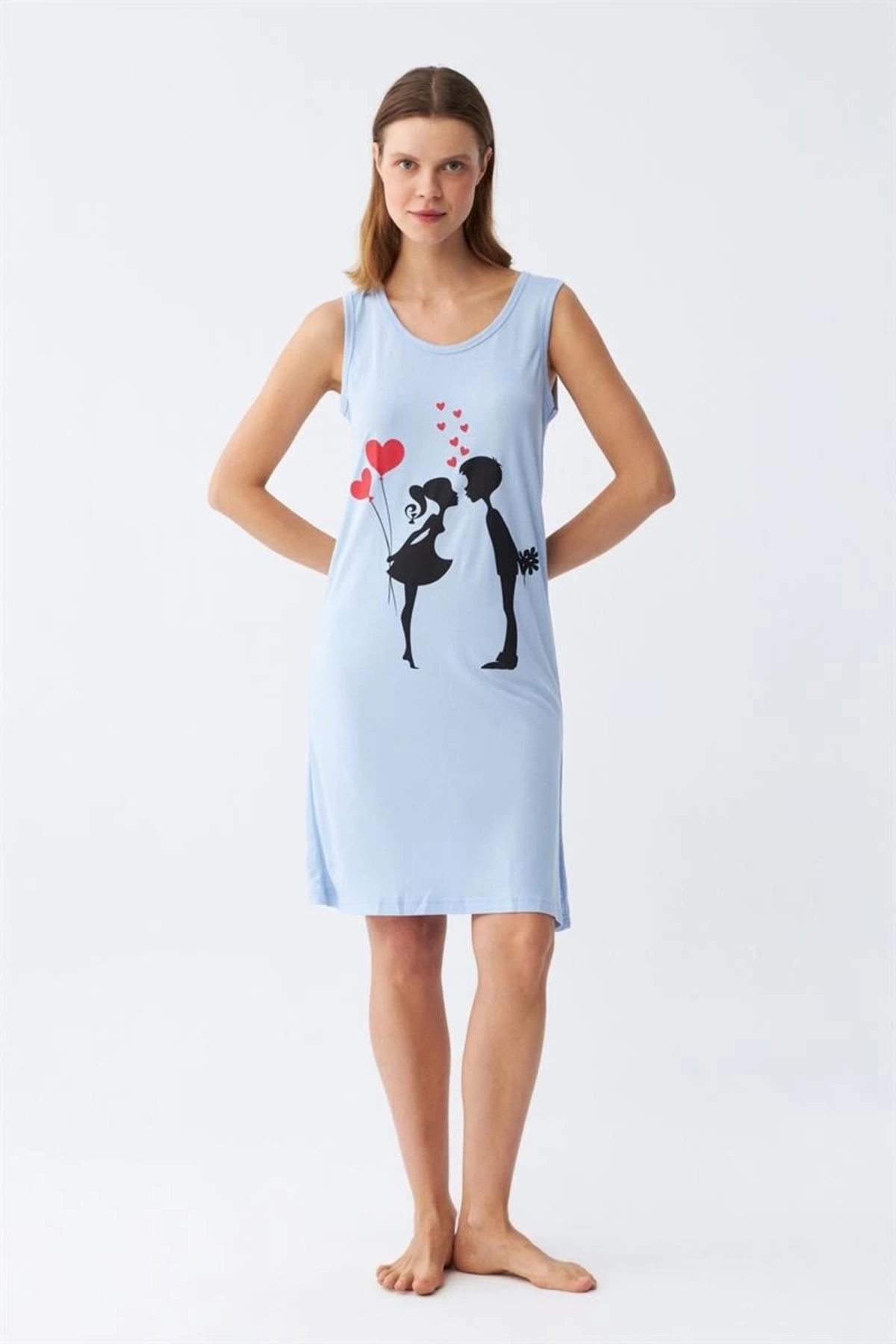 AsilSepet Kadın Kalın Askılı Penye Diz Üstü Mavi Gecelik