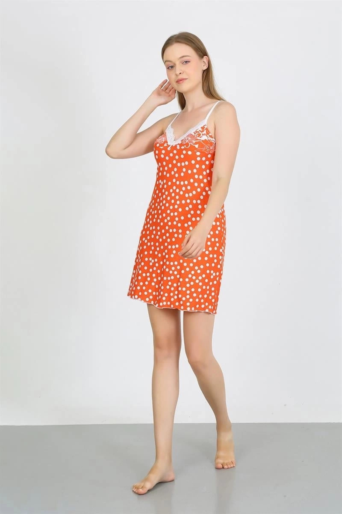 AsilSepet Kadın Penye İp Askılı Beyaz Puantiyeli Gecelik Turuncu