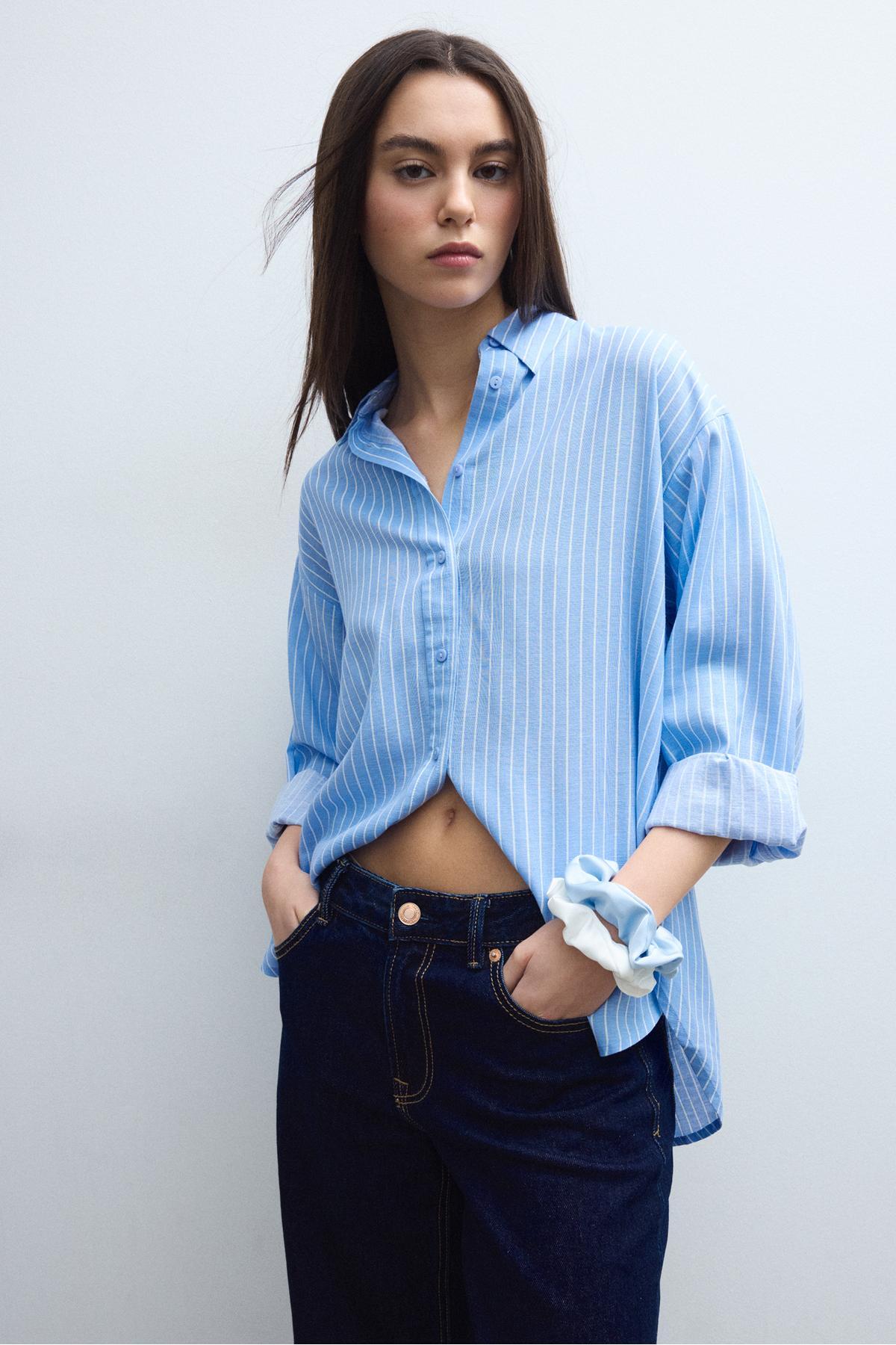 Stradivarius  Keten görünümlü gömlek - Görsel 4