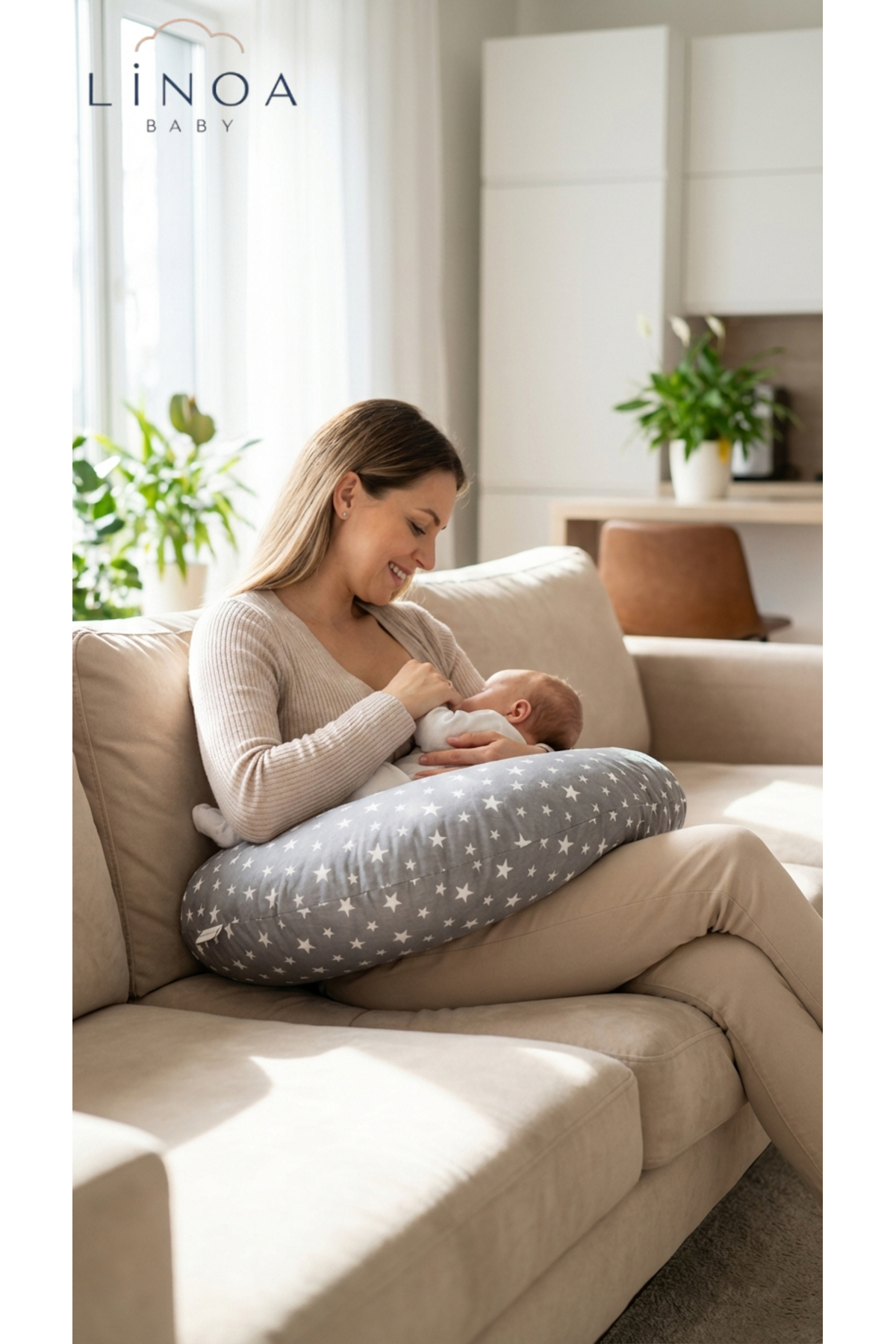 LinoaBaby Çift Taraflı Emzirme Yastığı /bebek Destek Minderi, Hamile Yastığı, Pamuklu Kumaş Gri Yıldız fotoğrafı 2 (önizleme)