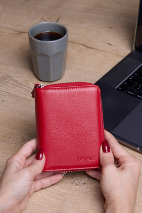 Lysande %100 Hakiki Deri Küçük Boy Kadın Cüzdanı Pratik ve Minimalist Kırmızı