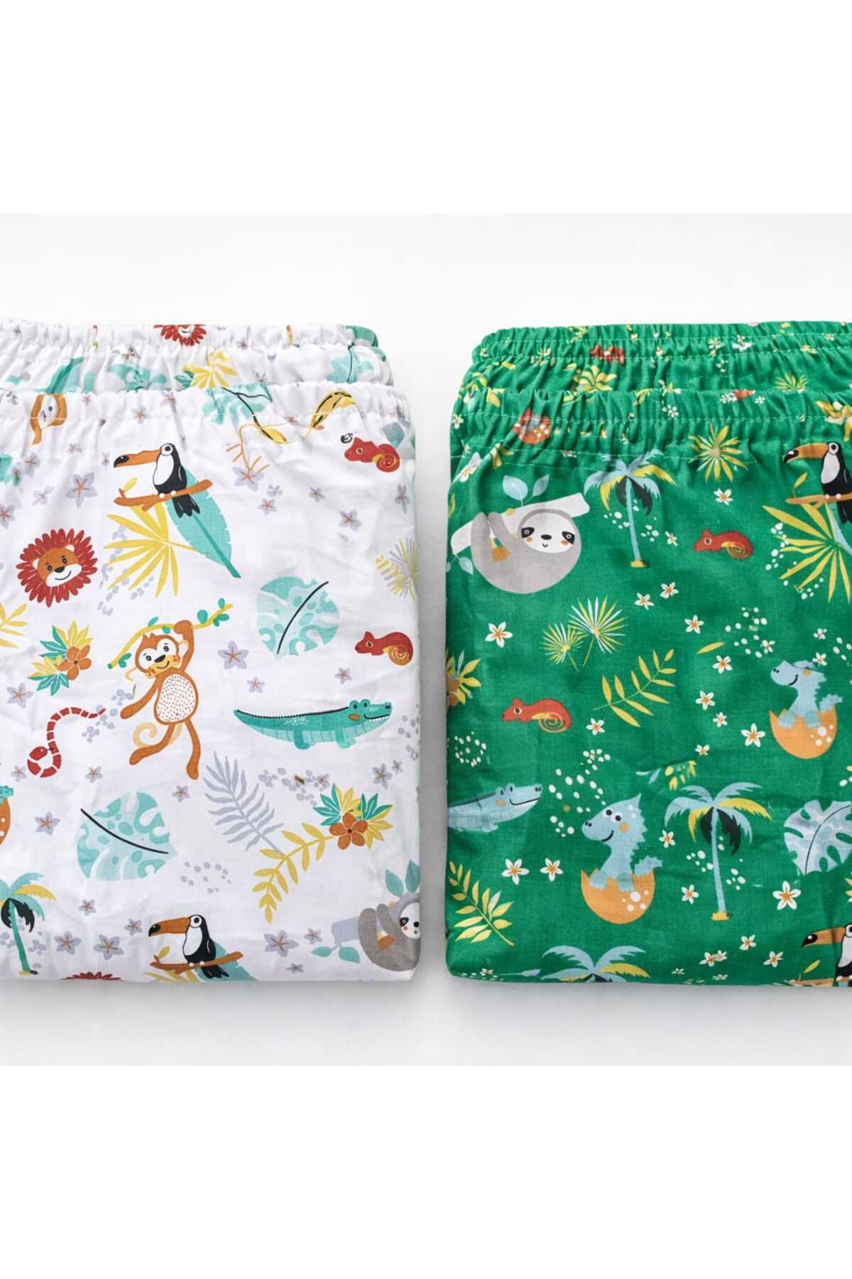 100% Cotton Children's Elastic Bed Sheet 90x190 (2 PCS) White and Green Forest Pattern (New)