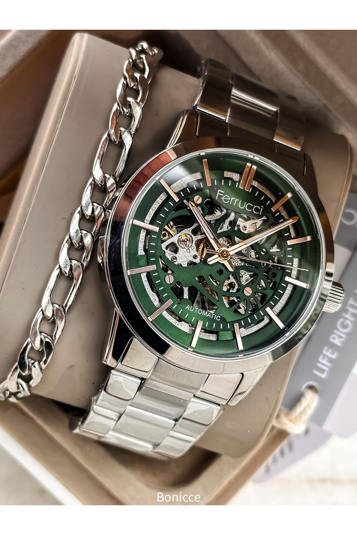 AUTOMATIC (WITHOUT BATTERY) MEN WRIST WATCH, GREEN DIAL, SILVER STEEL STRAP + BRACELET