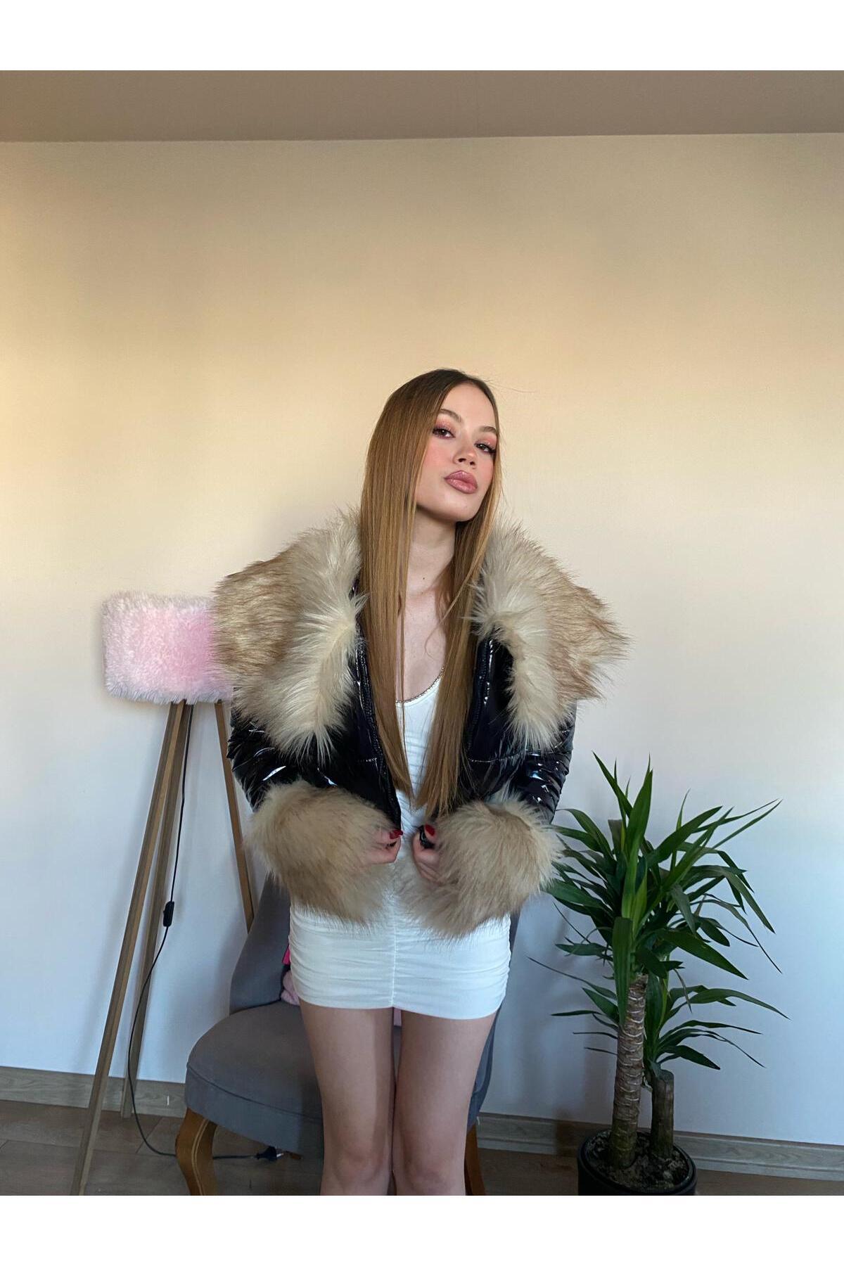 gardiant  Siyah renk yakası ve kolu kürklü uzun kollu kadın mont - Görsel 4