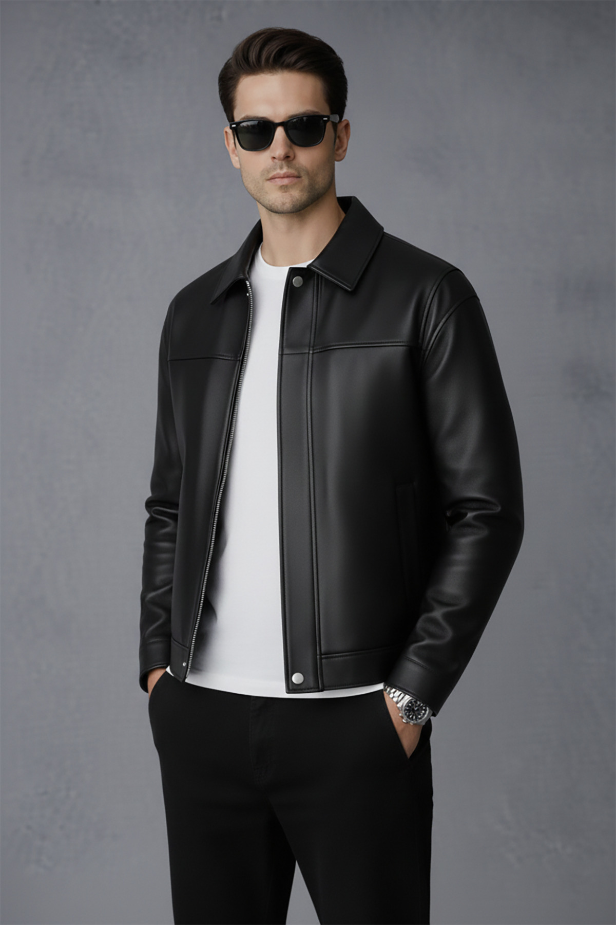 Bossago  Erkek Siyah Slim Fit Fermuarlı Deri Ceket - Premium Yumuşak Dokulu - Görsel 3