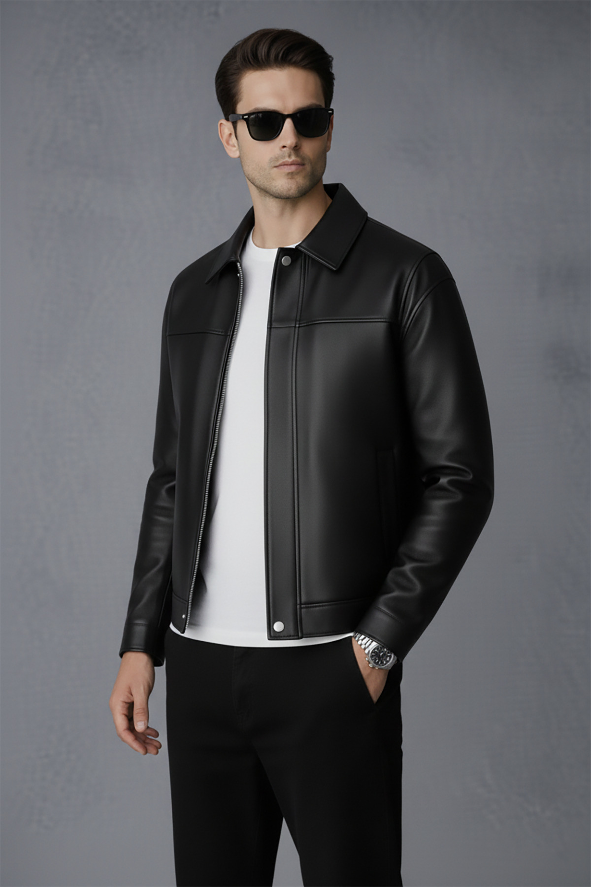 Bossago  Erkek Siyah Slim Fit Fermuarlı Deri Ceket - Premium Yumuşak Dokulu - Görsel 4