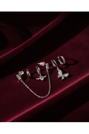 Vidora Jewelry Silver Çoklu Küpe Görünümlü Model – Kelebek Figürlü Zincirli Küpe