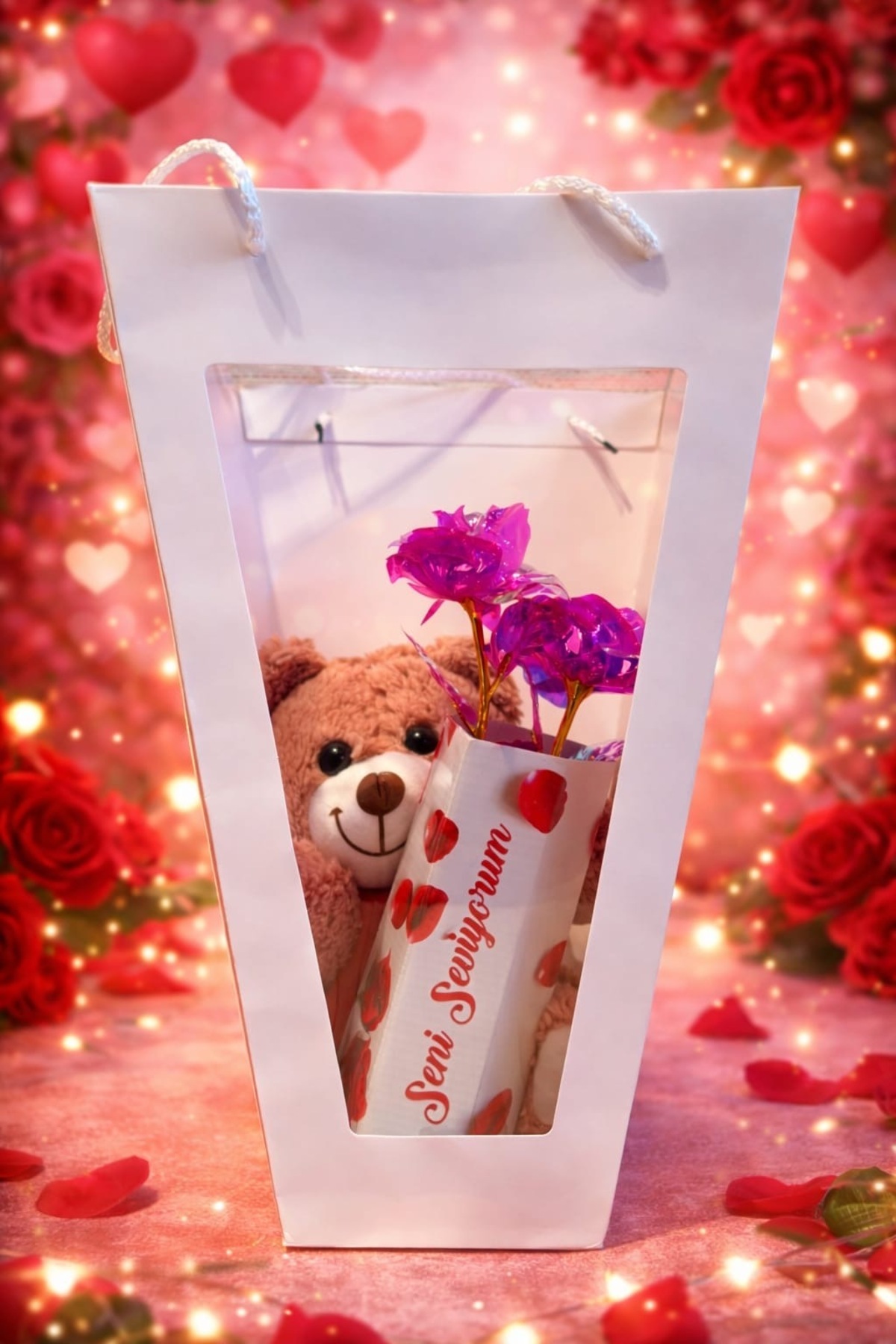 ADA HOME COLLECTION SHOP KADINLAR GÜNÜ DOĞUM GÜNÜ ANNELER GÜNÜ VE SEVGİLİ İÇİN KENDİ ÇANTASINDA AYICIKLI ÇİÇEK fotoğrafı 2 (önizleme)