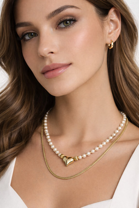 db DİLEK BAŞ TASARIM 2’li Kombin İnci & Gold Zincir Kolye Seti – Kalp Kapamal...