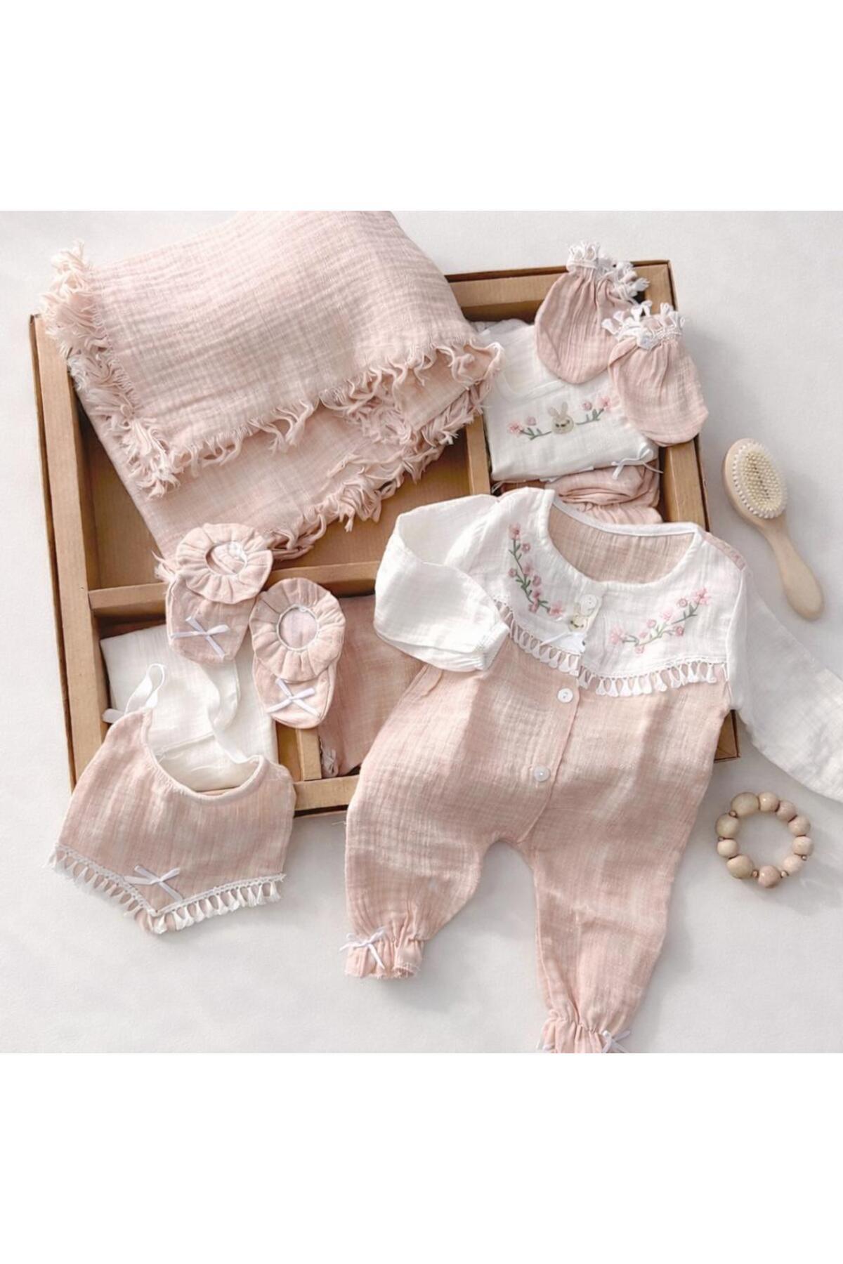 BYS BABY FASHION Mevsimlik Müslin 10 Parça Yenidoğan Kız Bebek Hastane Çıkış Zıbın Seti 0-3Ay Kutulu / Doğum Hediyesi fotoğrafı 3 (önizleme)