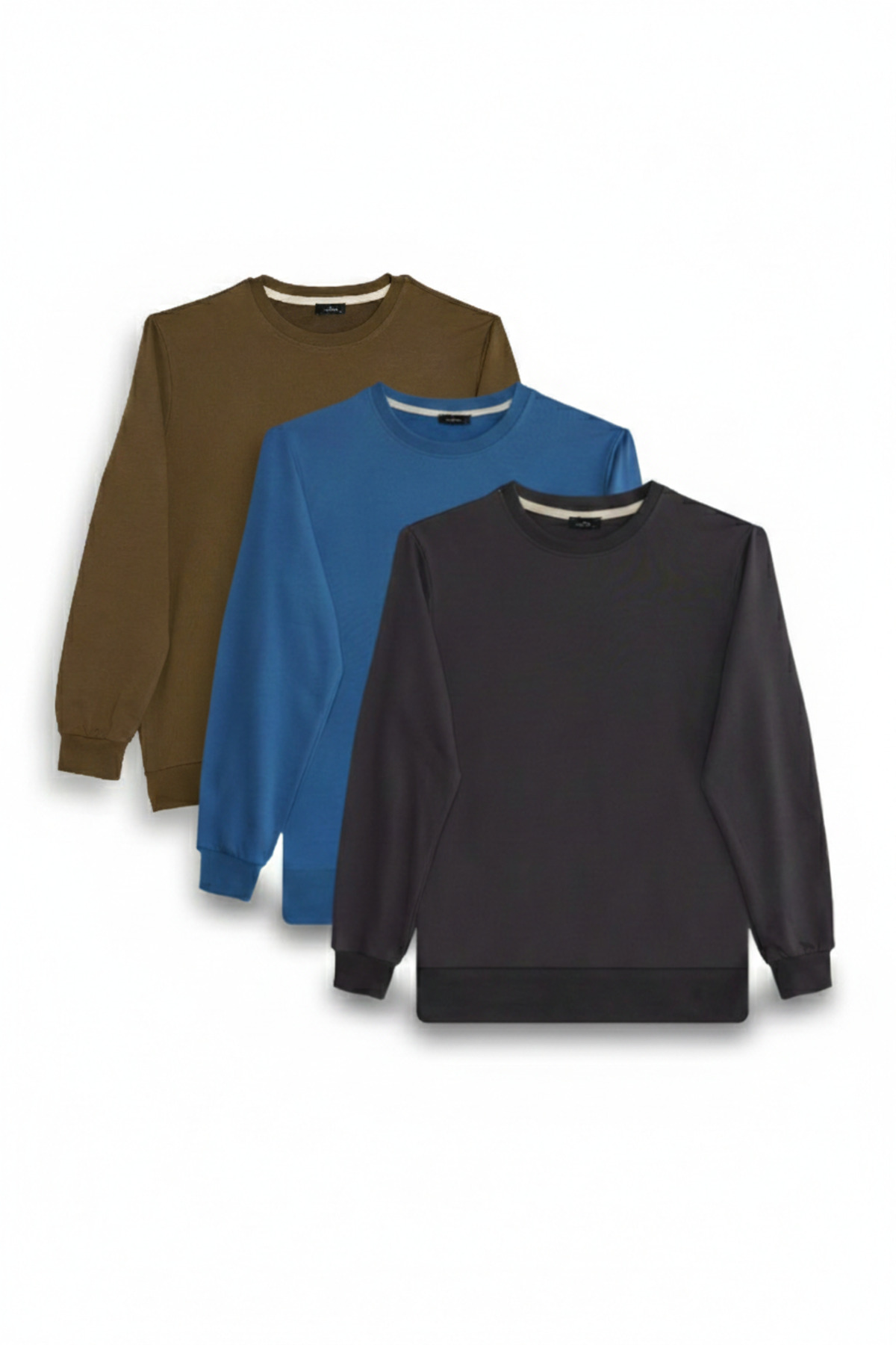 Tudors  Erkek 3'lü Füme-Mavi-Yeşil Relax Fit Rahat Kesim %100 Pamuk 2 İplik Bisiklet Yaka Sweatshirt