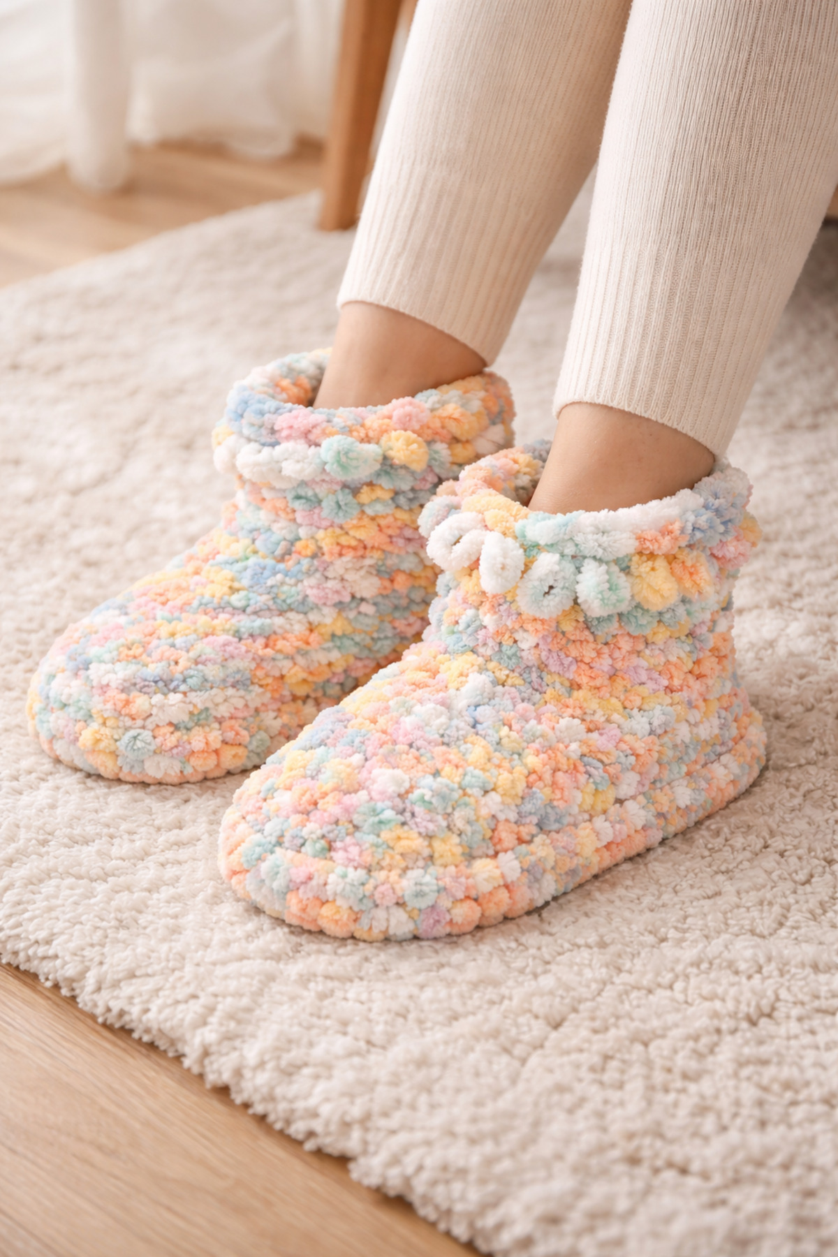 Berliva Home El Örgüsü Peluş Ev Botu, Renkli Yumuşak Ev Patiği, Kaydırmaz Tabanlı Kışlık Ev Terliği