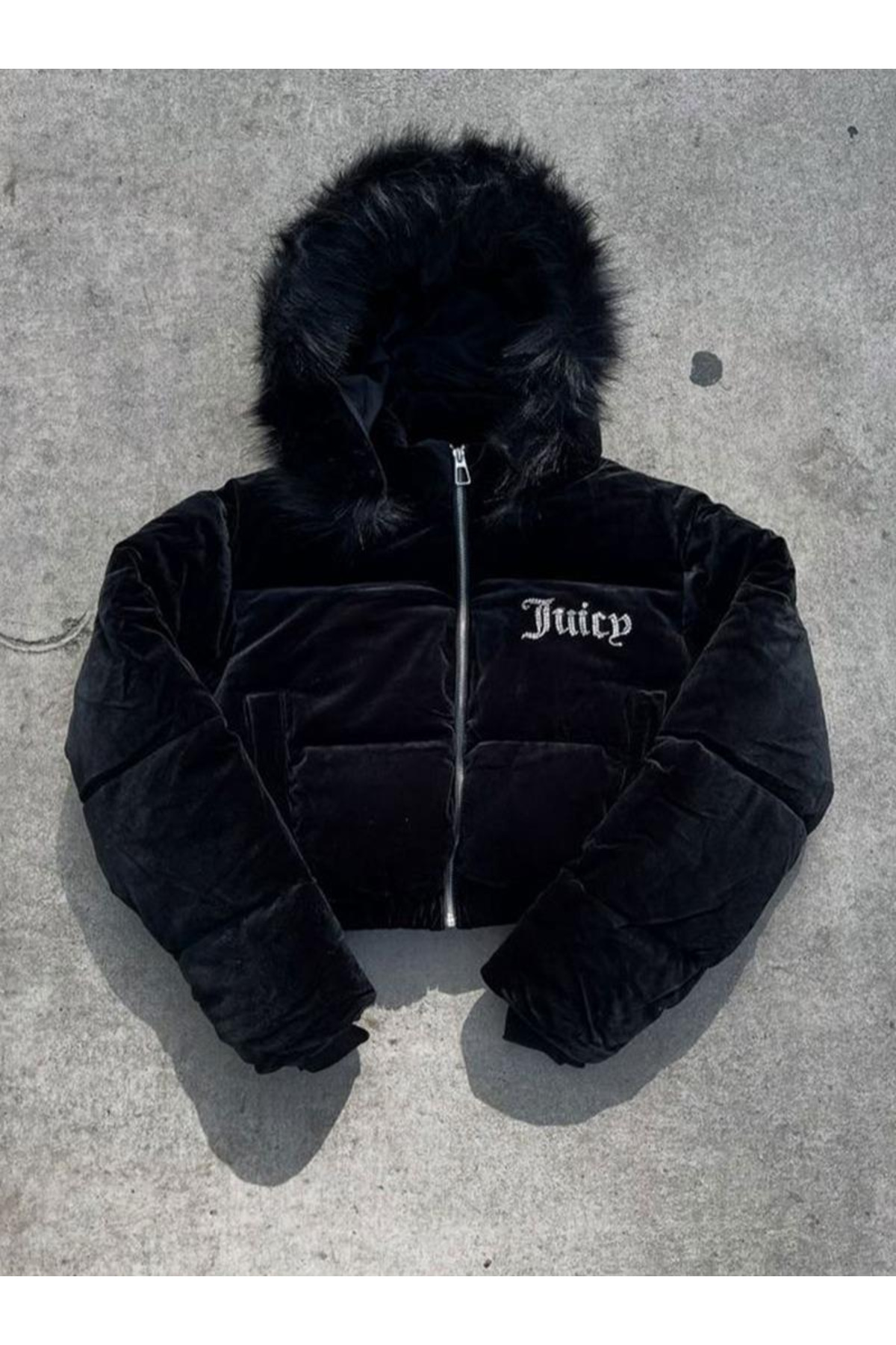 Gofeel  Kadife Dokulu Kapüşonlu Crop Şişme Mont - Görsel 3