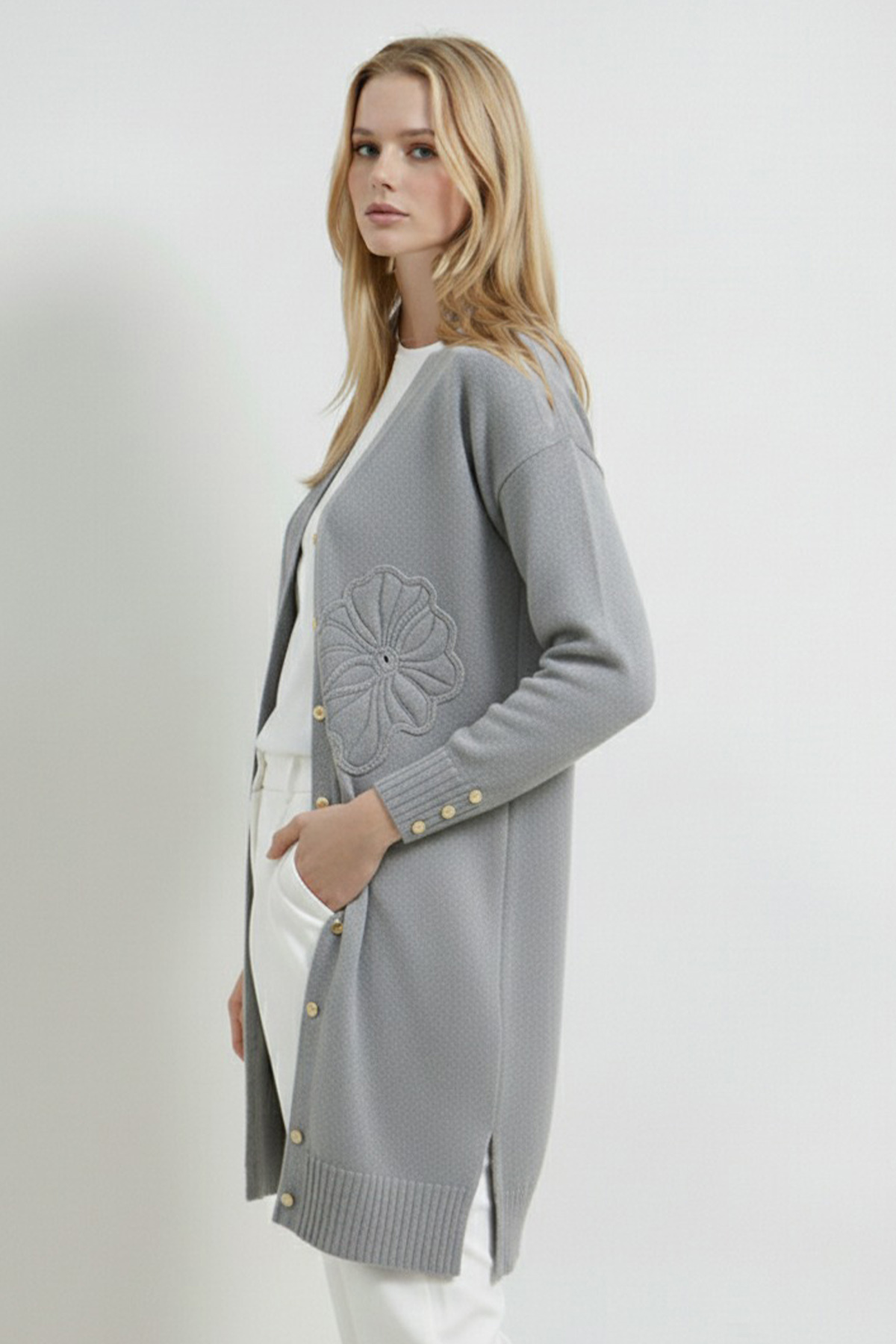 benguen  Çiçek Desenli Hırka N3302 Gri - Görsel 3