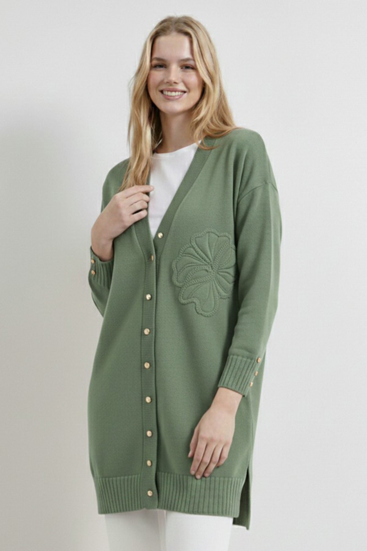 benguen  Çiçek Desenli Hırka N3302 Çağla - Görsel 3