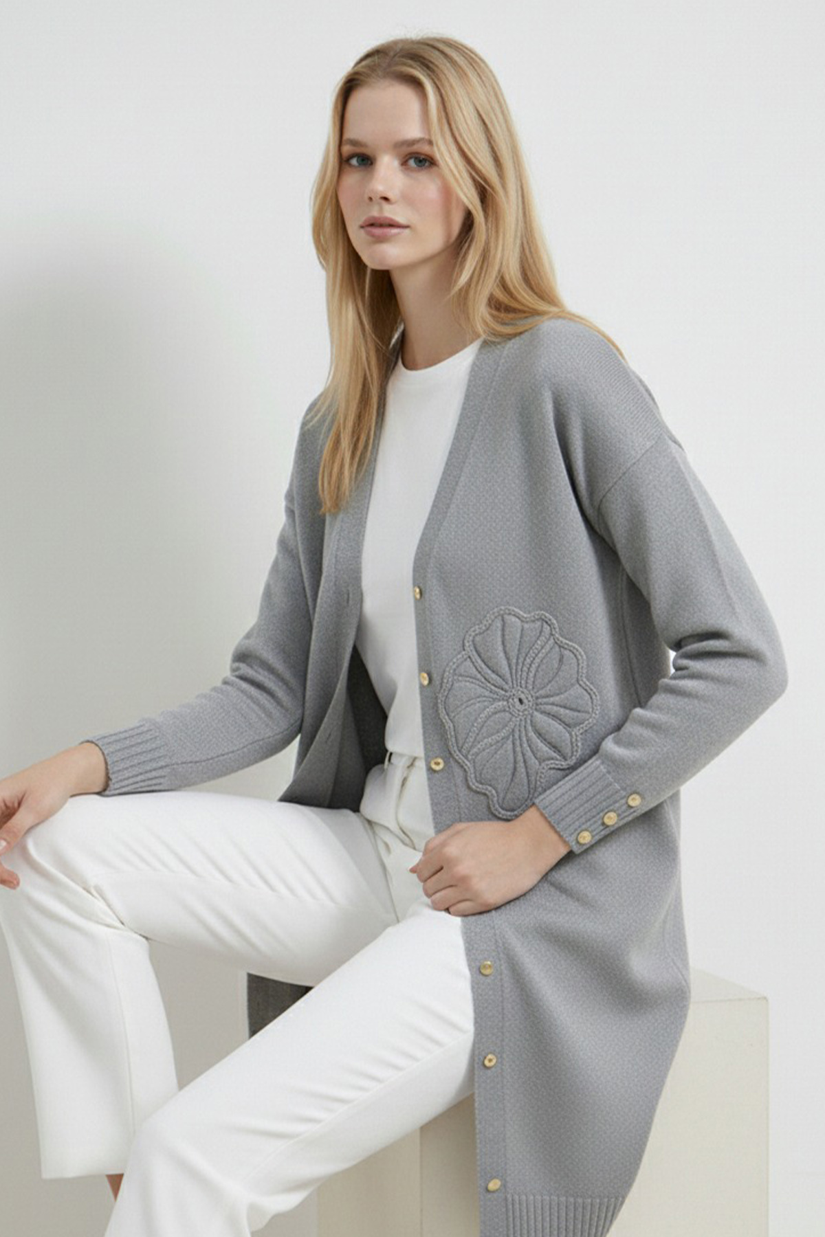 benguen  Çiçek Desenli Hırka N3302 Gri - Görsel 2