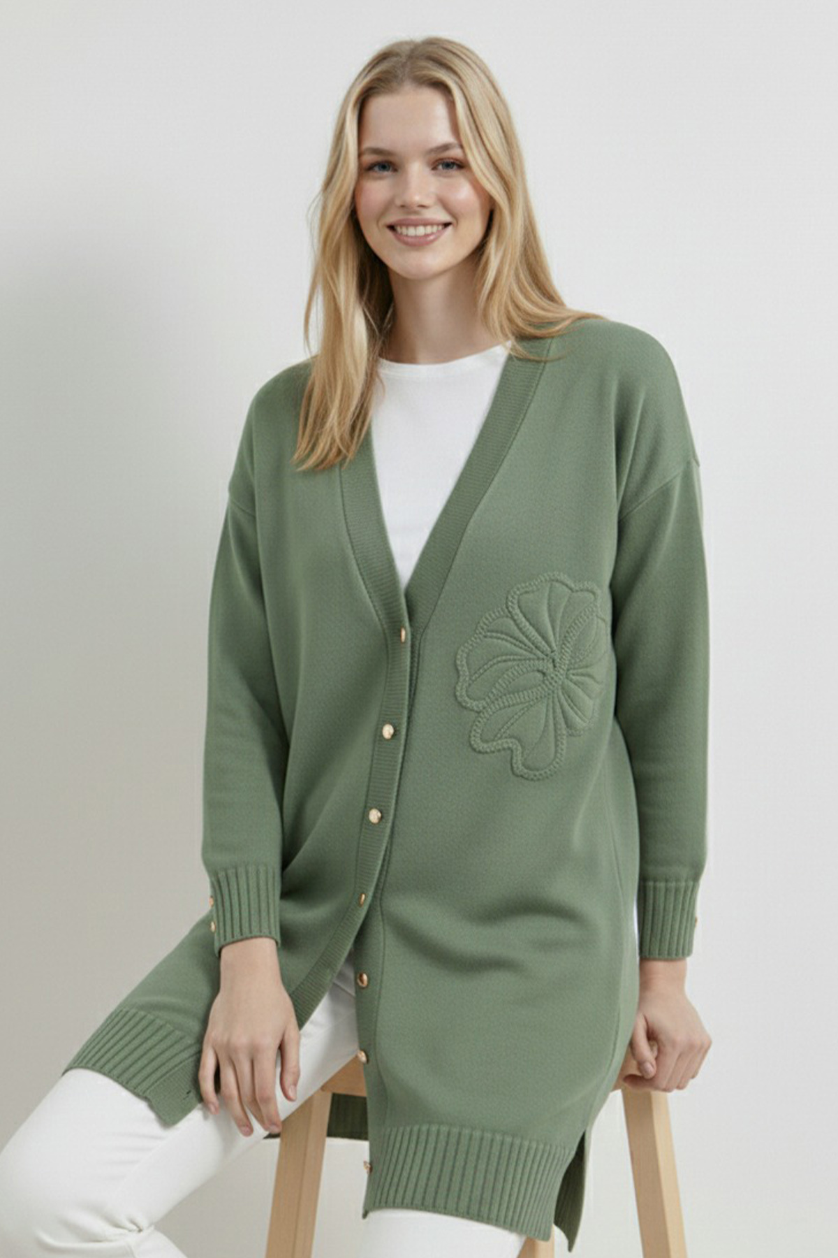 benguen  Çiçek Desenli Hırka N3302 Çağla - Görsel 2