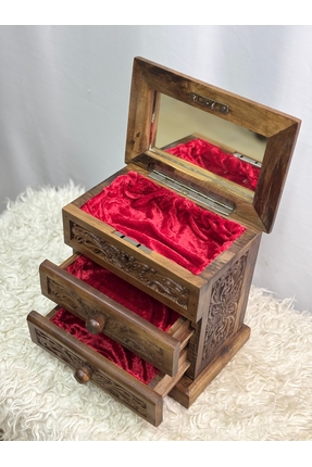 Arıkmert El Sanatları El Oyma Ceviz Ahşap Aynalı Makyaj ve Aksesuar Kutusu 26...