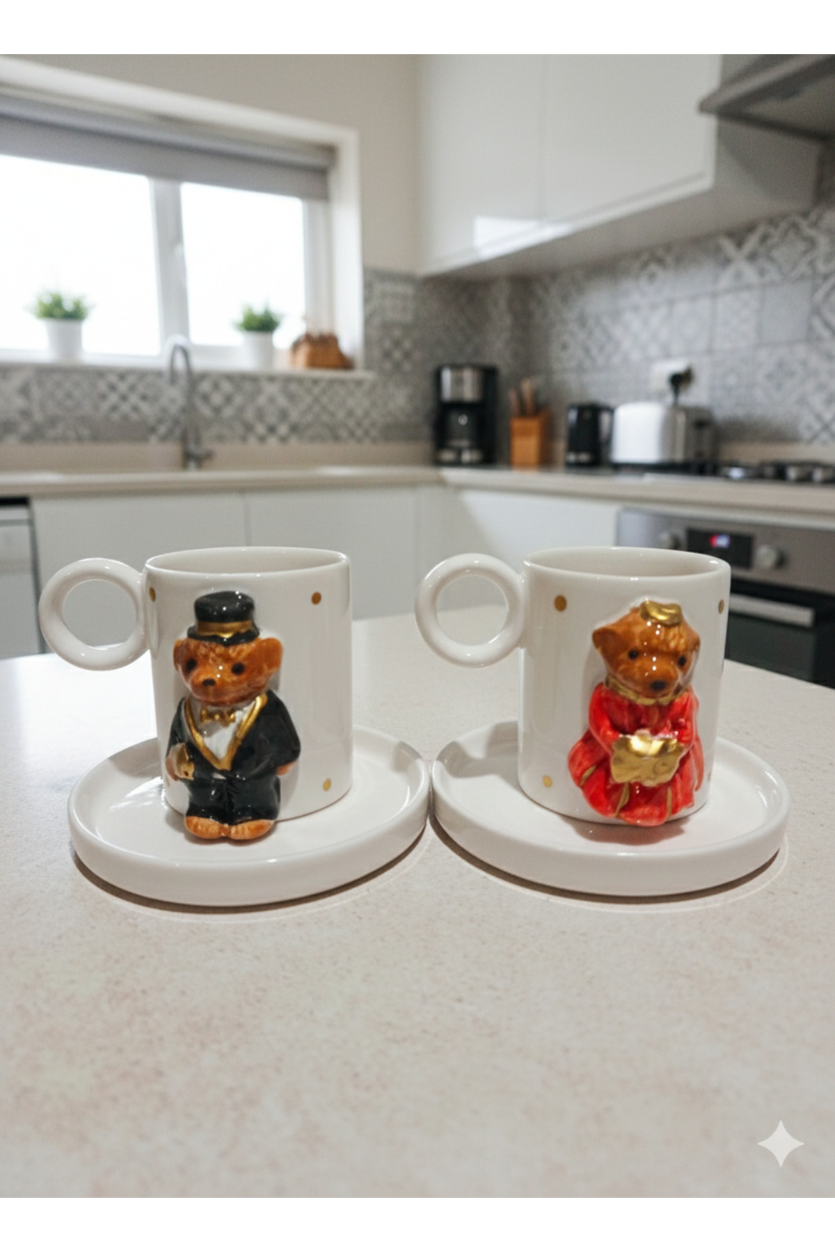 Handmade Golden gilded teddy design 4-piece 2-person coffee cup set 90 ml