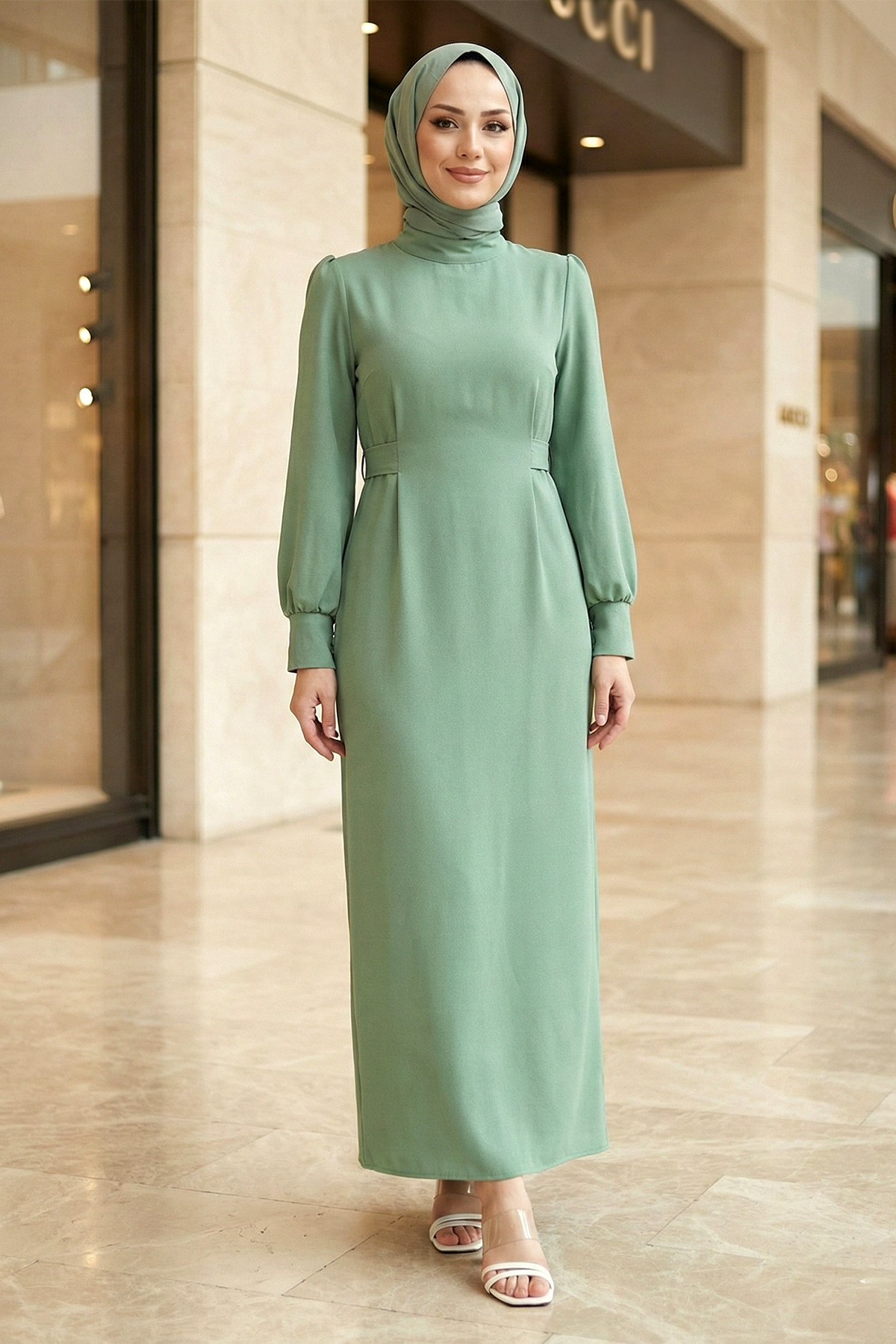 Judge Collar Seated Waist Back Zippered Sleeve Cuffed Modest Pen Dress -Water Green