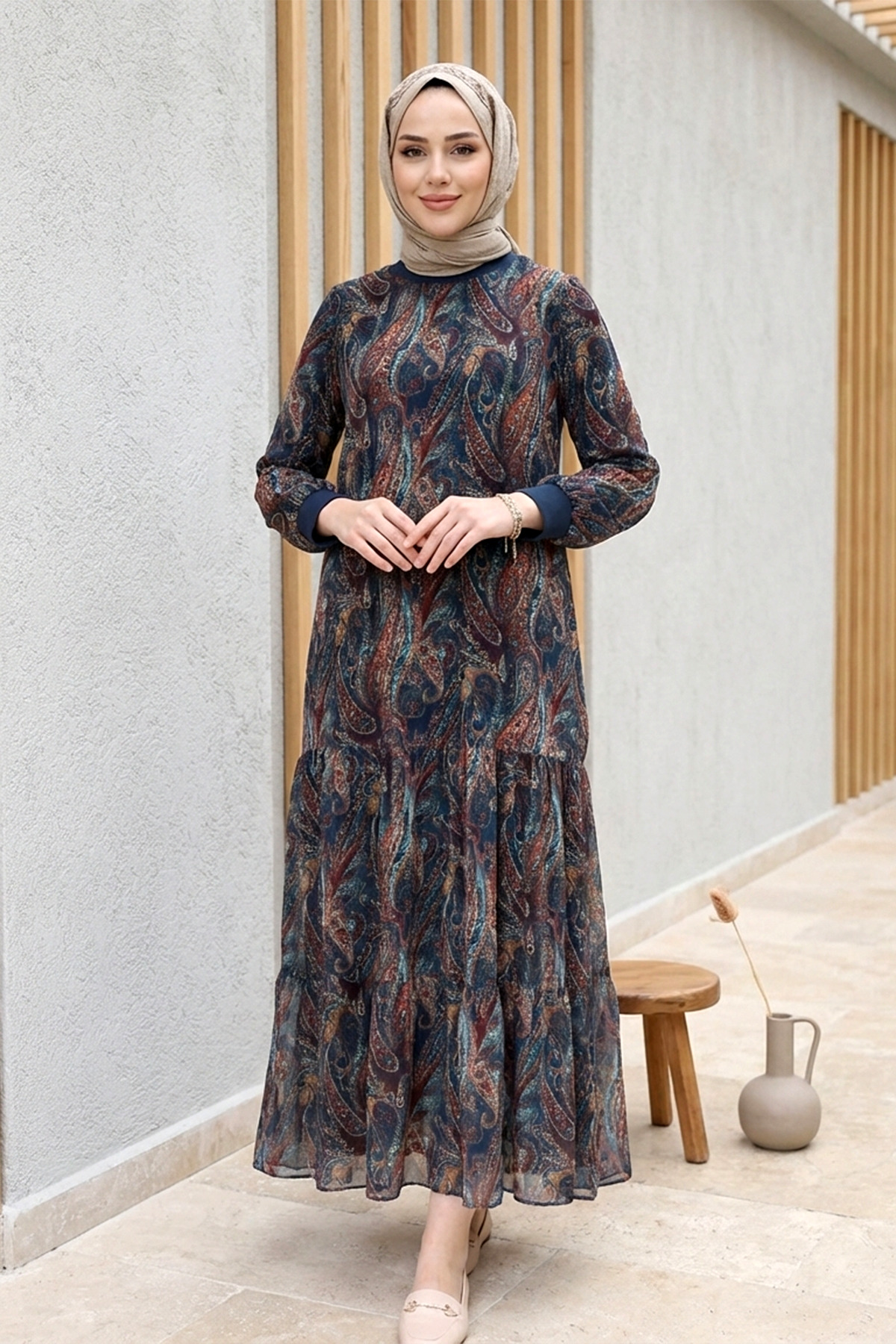 Women's Ethnic Pattern Crew Neck Lined Skirt Layered Chiffon Modest Dress-Emerald