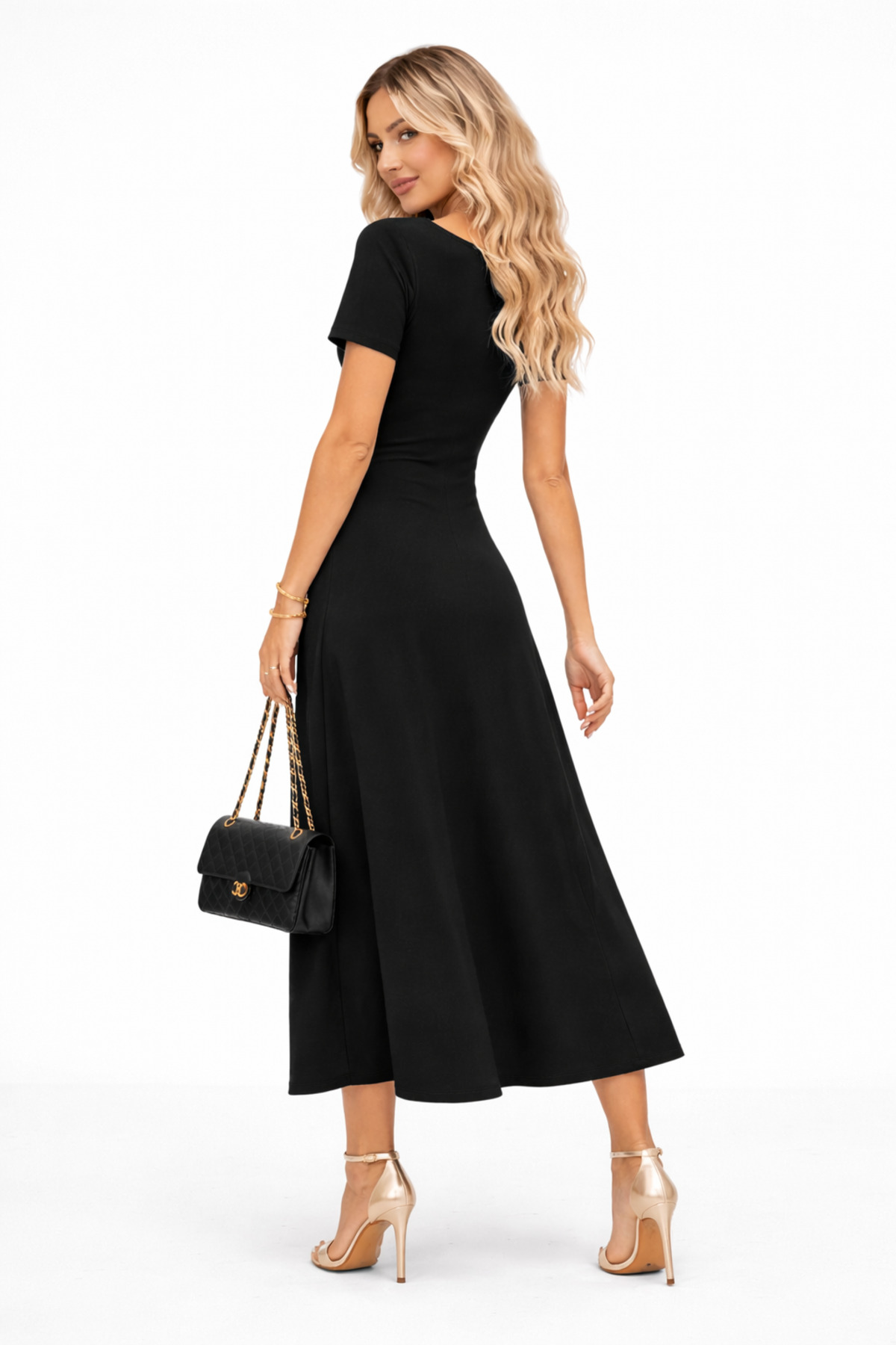 modavingo  Kadın Siyah V Yaka Kısa Kollu Soft Touch Uzun Elbise - Görsel 4