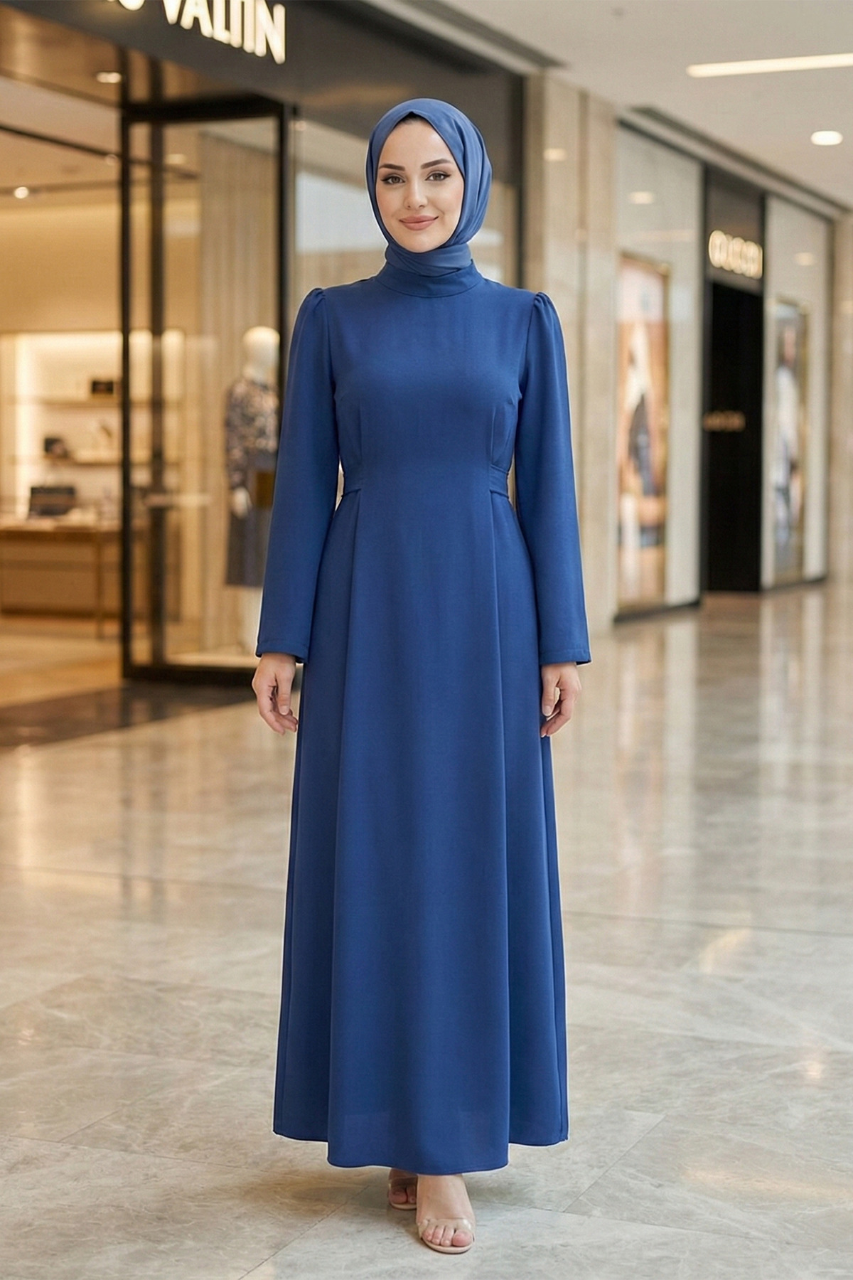 Judge Collar Seated Waist Back Zippered Sleeve Cuffed Modest Pen Dress -Navy