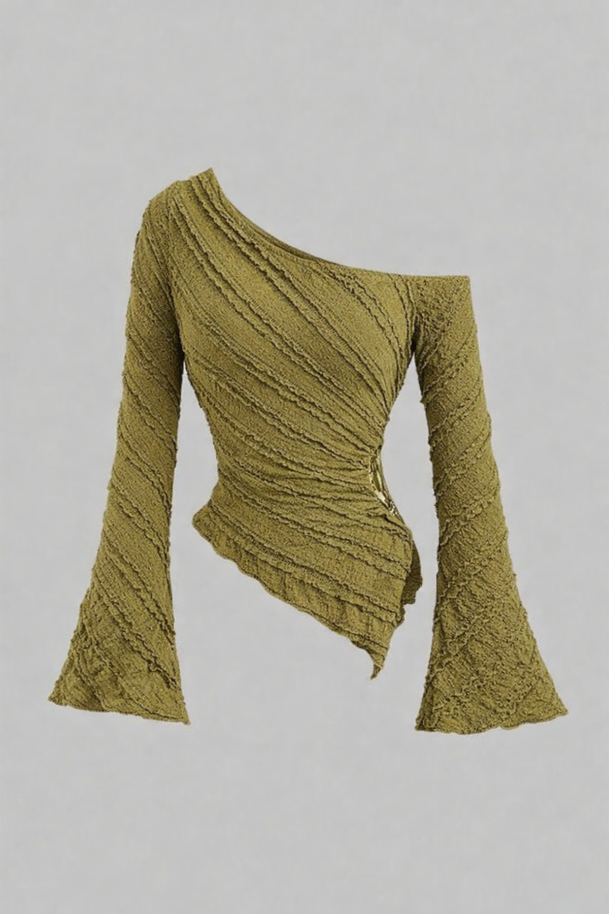 MOONBULL  Kadın Fırfır Kumaş Gold Aksesuar Detaylı Kayık Yaka İspanyol Kol Asimetrik Kesim Bluz - Görsel 3