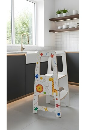 kids town Montessori Öğrenme Kulesi UV Baskılı – Güvenli Ahşap Çocuk Mutfak Y...