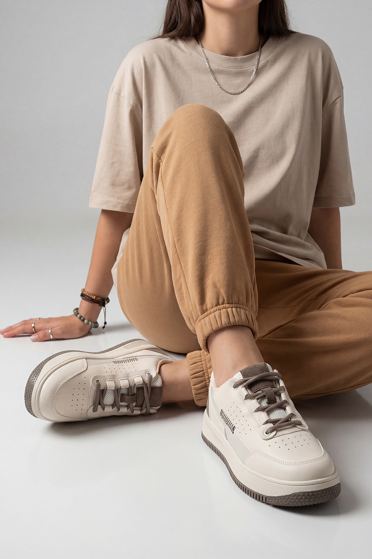 Marjin  Kadın Sneaker Yüksek Taban Spor Ayakkabı Loske Ekru - Görsel 6