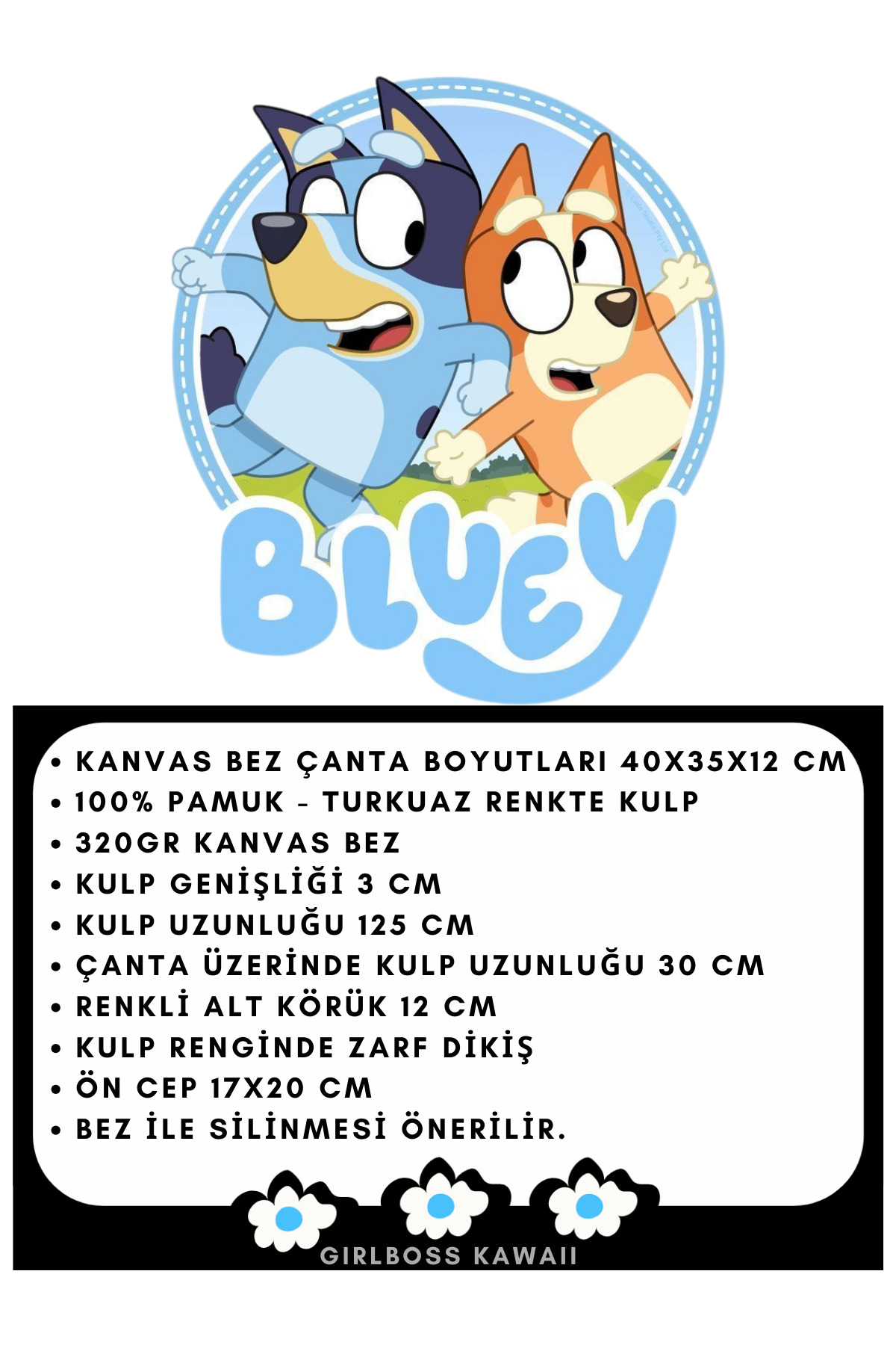 Girlboss Kawaii Bluey ve karakterleri doğum günü ön cepli körüklü büyük kanvas çanta / alışveriş , spor , plaj fotoğrafı 6 (önizleme)