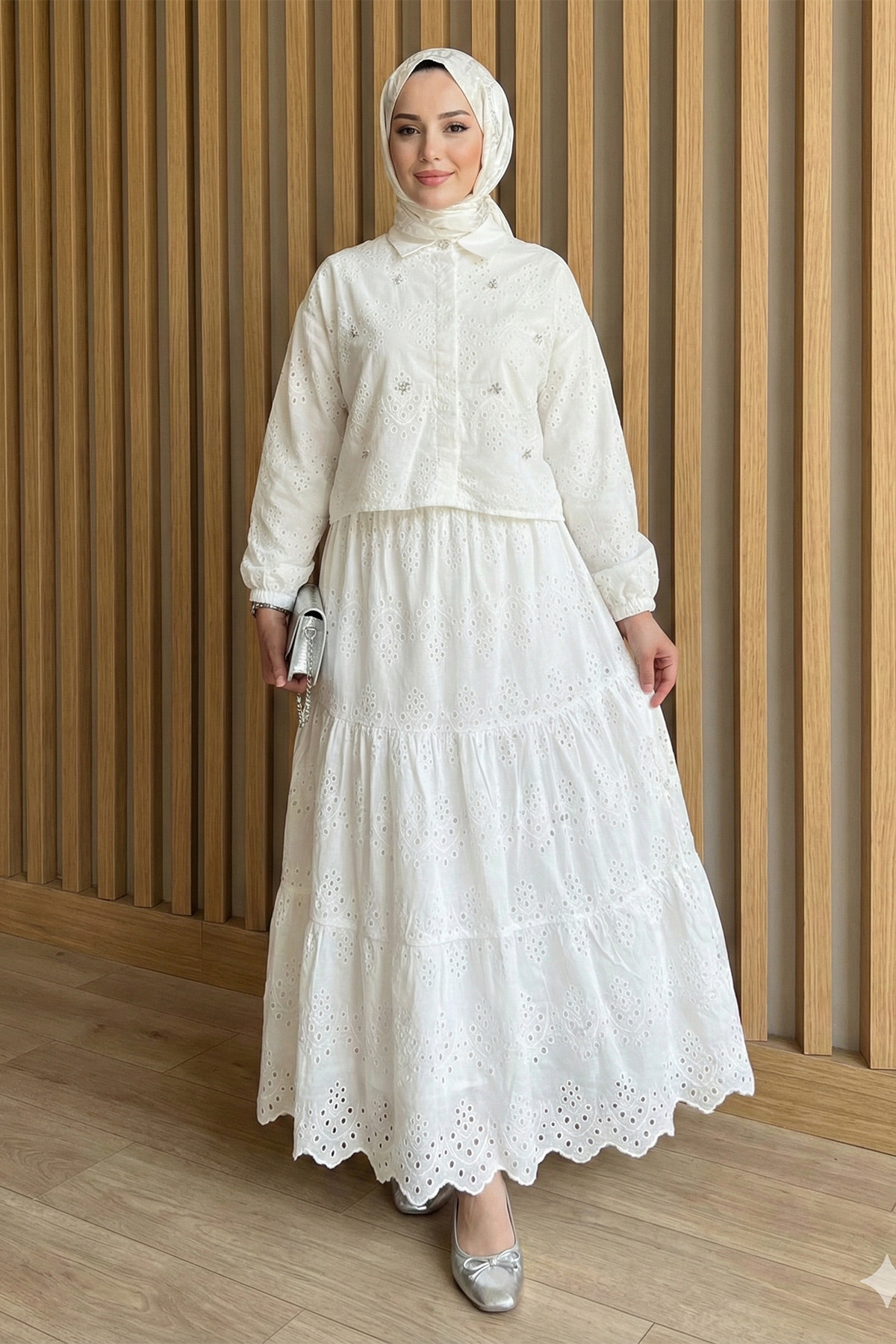 Women's Scallop Detailed Blouse Skirt Modest Set - White