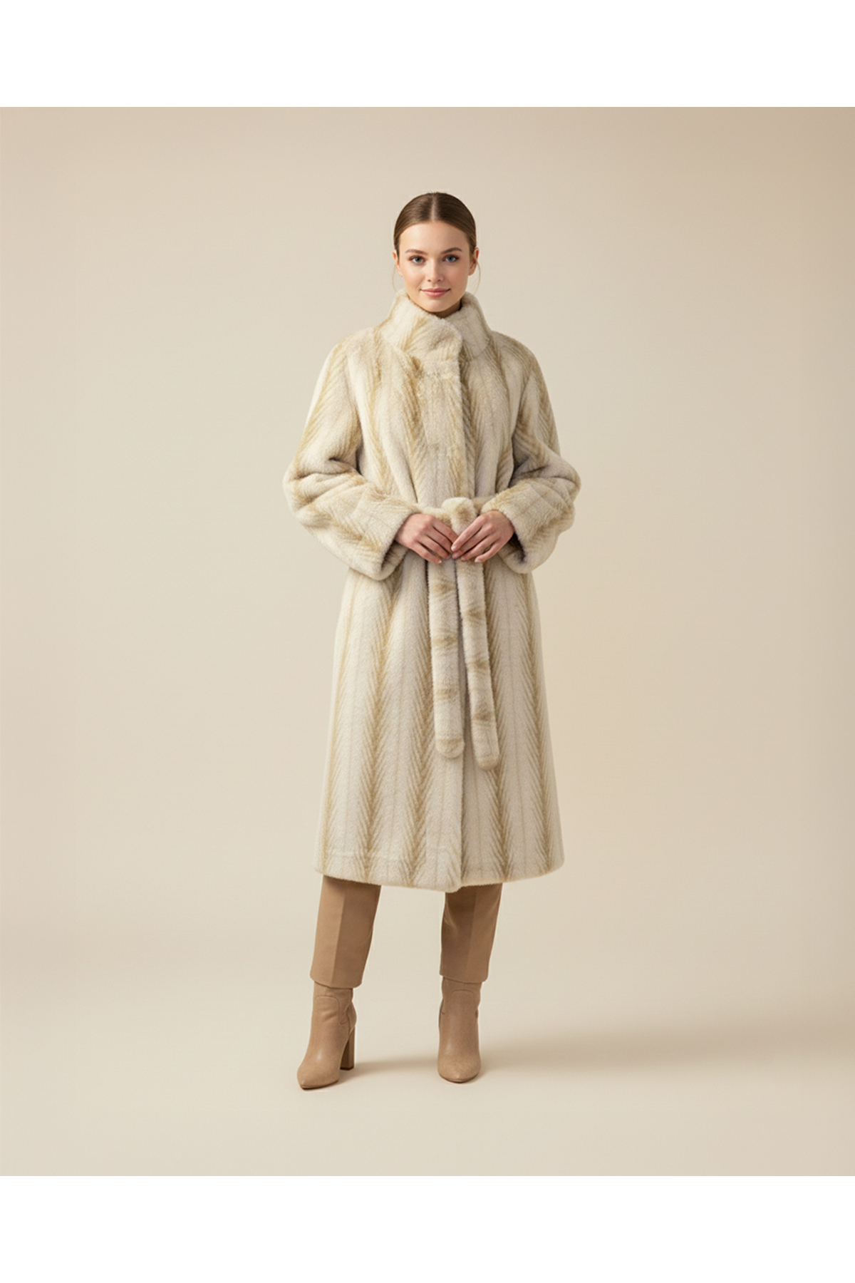 FUREVER FASHION  HAKİM YAKA VİZON KÜRK KEMERLİ MANTO