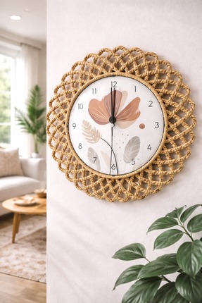 home inn Bohem Hasır Çerçeveli Duvar Saati – Modern Görünümlü Dekoratif Salon...