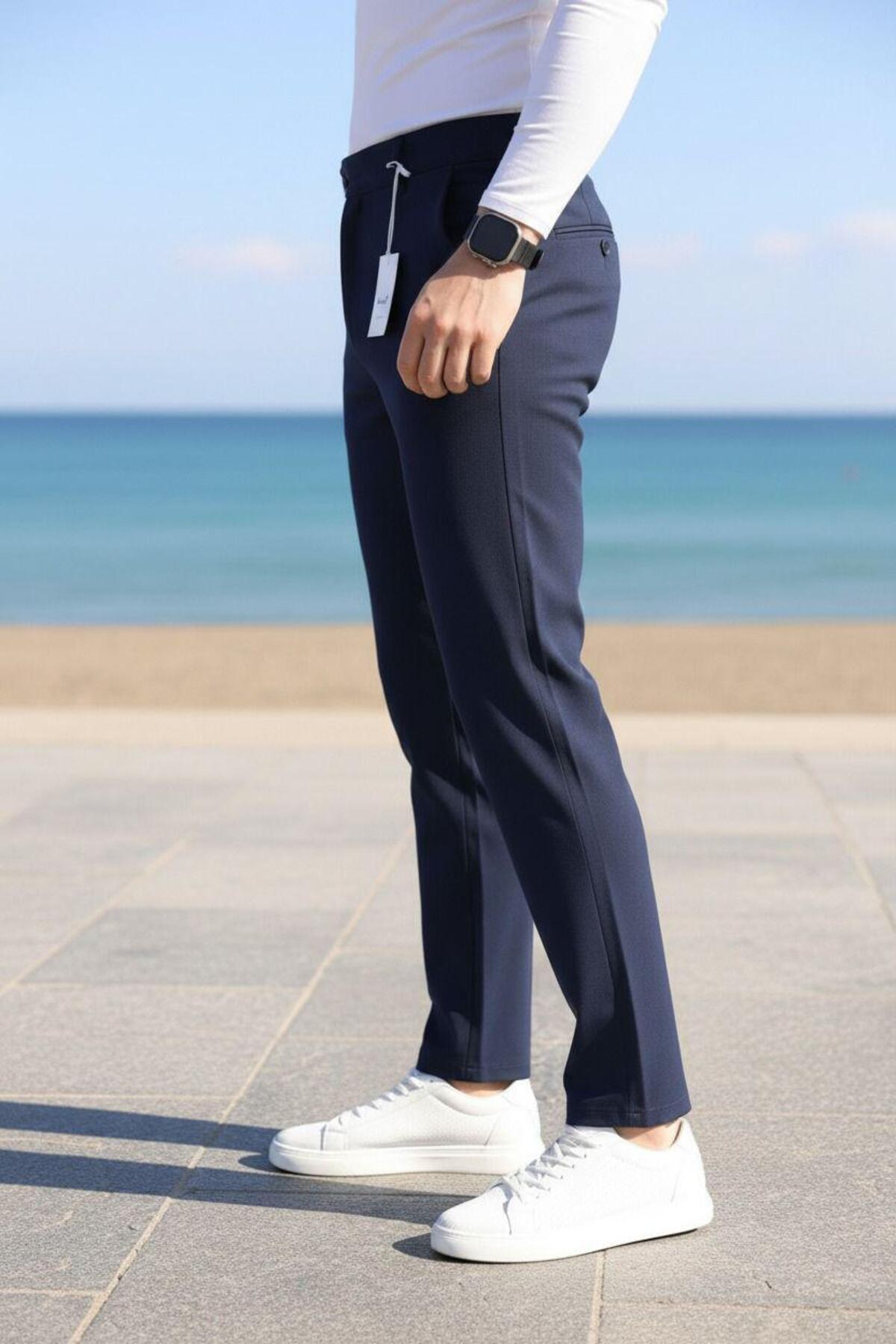 MODAMESTO  Erkek Lacivert Slim Fit Likralı Yan Cep Bilek Boy Düz Kumaş Pantolon - Görsel 2