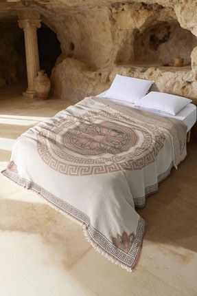 EVFENDİ Helios Turuncu & Bej 4 Katlı Jumbo Jakarlı Pano Desen Çift Kişilik Mü...