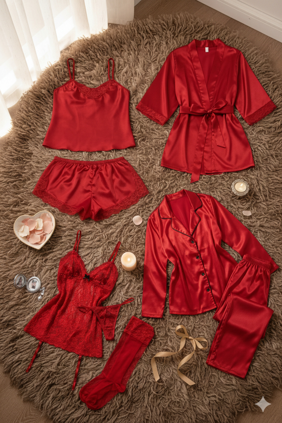 ZENCHES Kadın Kırmızı Kutulu 8 Parça Çeyiz Seti Saten Pijama Takımı, Sabahlık ,Şortlu Takım ,Jartiyer Takımı