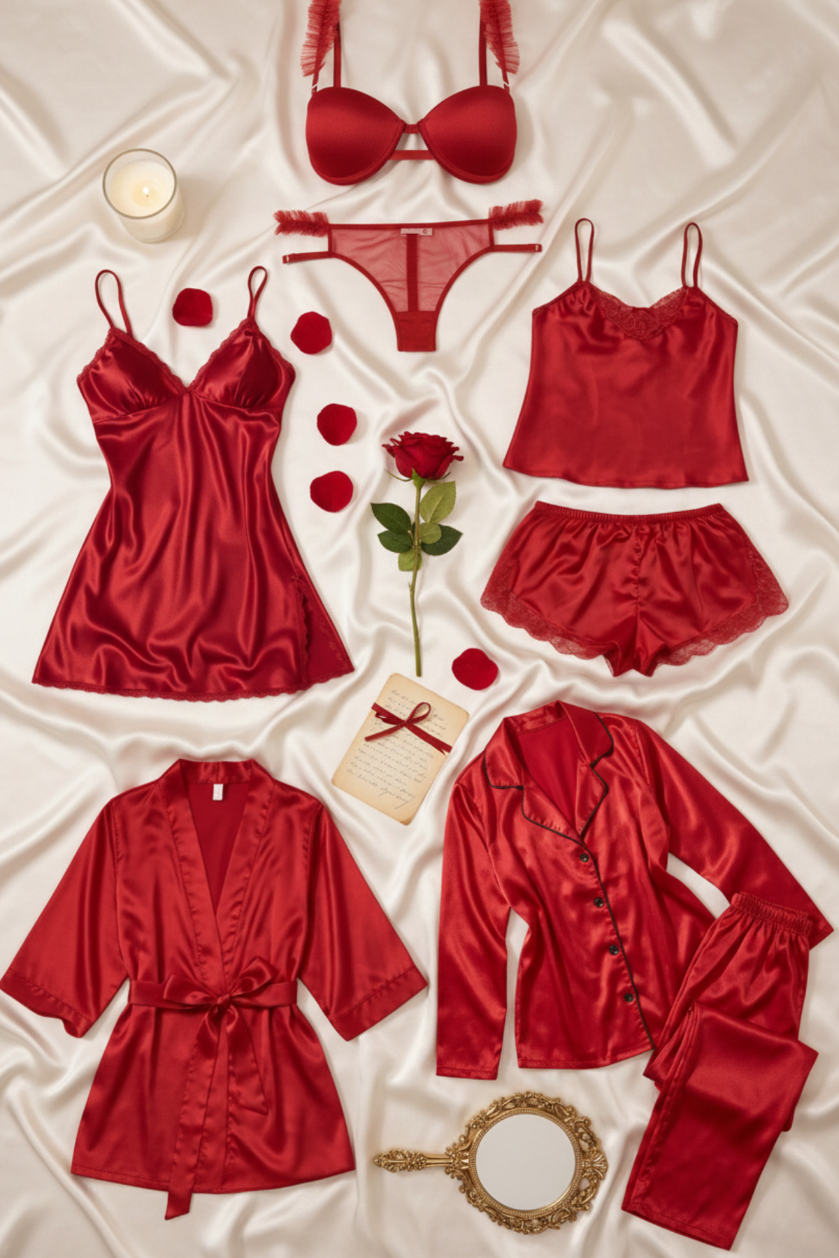 ZENCHES Kadın Kırmızı Kutulu 8 Parça Çeyiz Seti Pijama Takımı,Sabahlık,Şortlu Takım,Sütyen Takımı,Gecelik