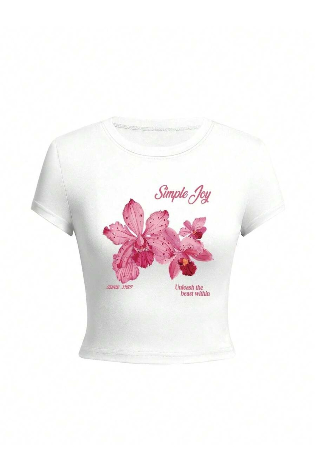 PALPİTO  Kadın Beyaz Simple Joy Baskılı Bisiklet Yaka Dar Crop Tshirt - Görsel 3