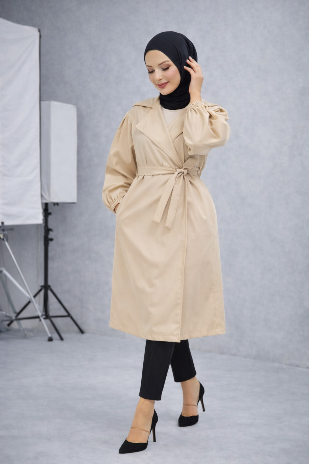 QUBERZ Women's Oversize Trench Coat Casual Stylish Balloon Sleeve