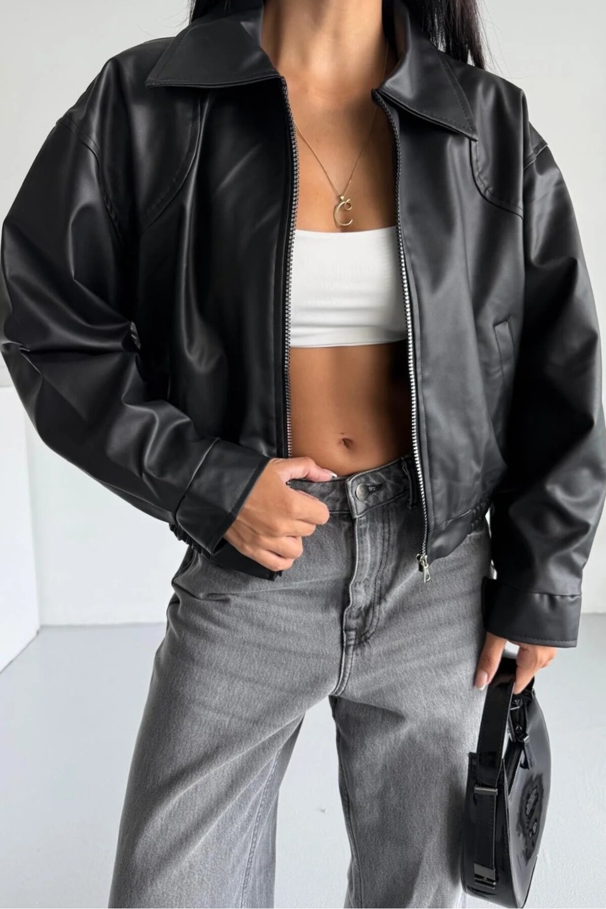 moda armanc  Kadın Oversize Deri Bomber Ceket