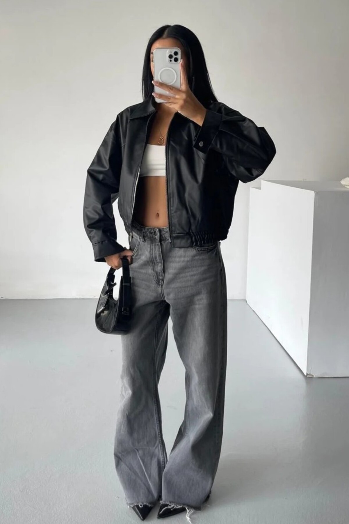 moda armanc  Kadın Oversize Deri Bomber Ceket - Görsel 7