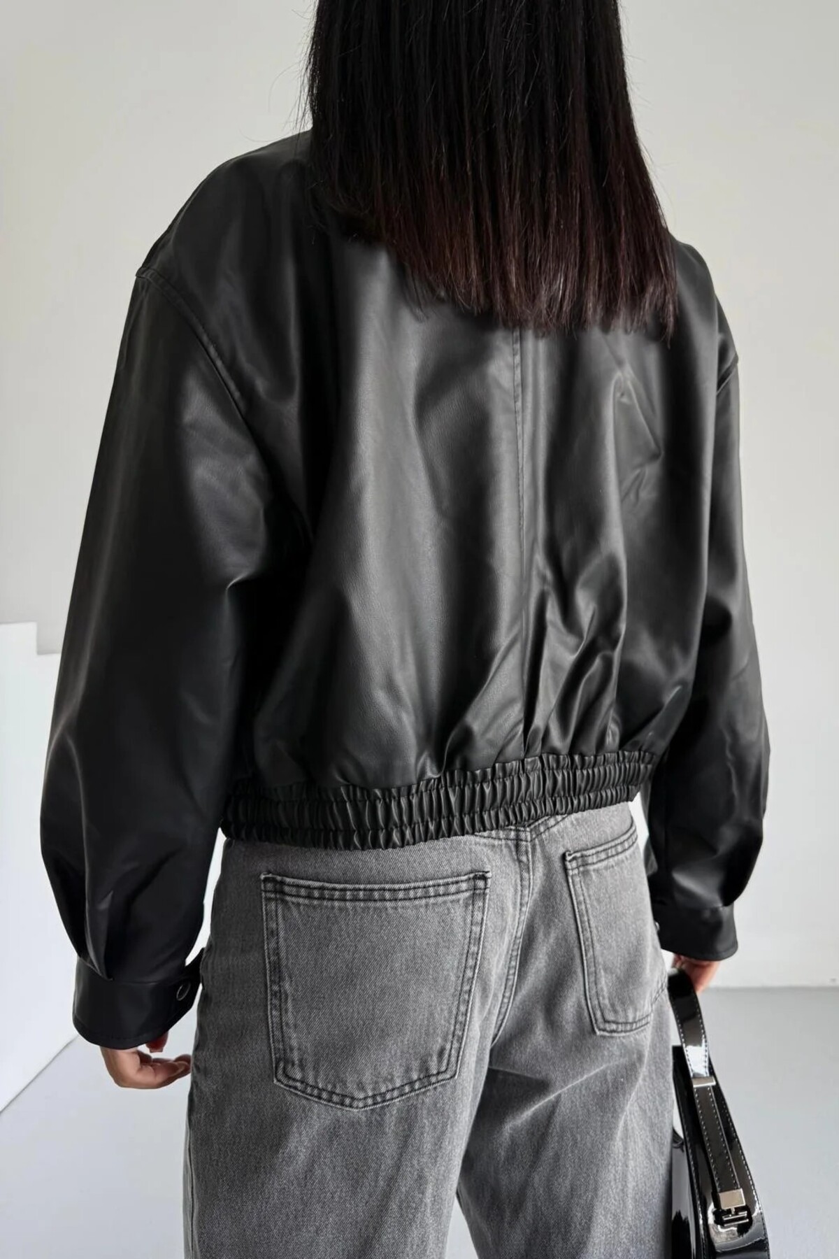 moda armanc  Kadın Oversize Deri Bomber Ceket - Görsel 8