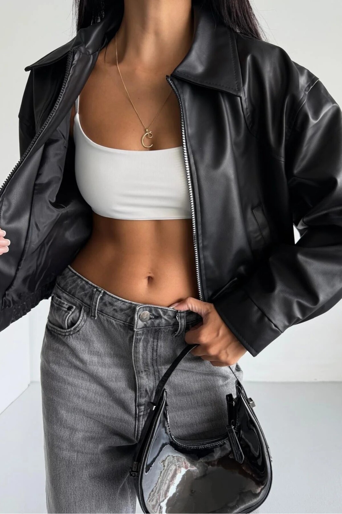 moda armanc  Kadın Oversize Deri Bomber Ceket - Görsel 5