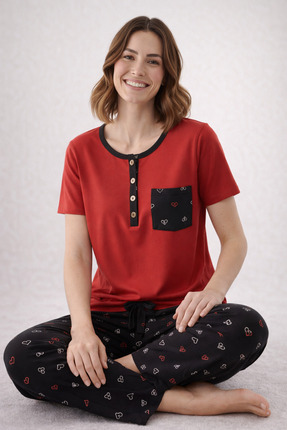 TAWBE Kadın Pijama Takımı Kısa Kollu Rahat Ev Giyim Takımı