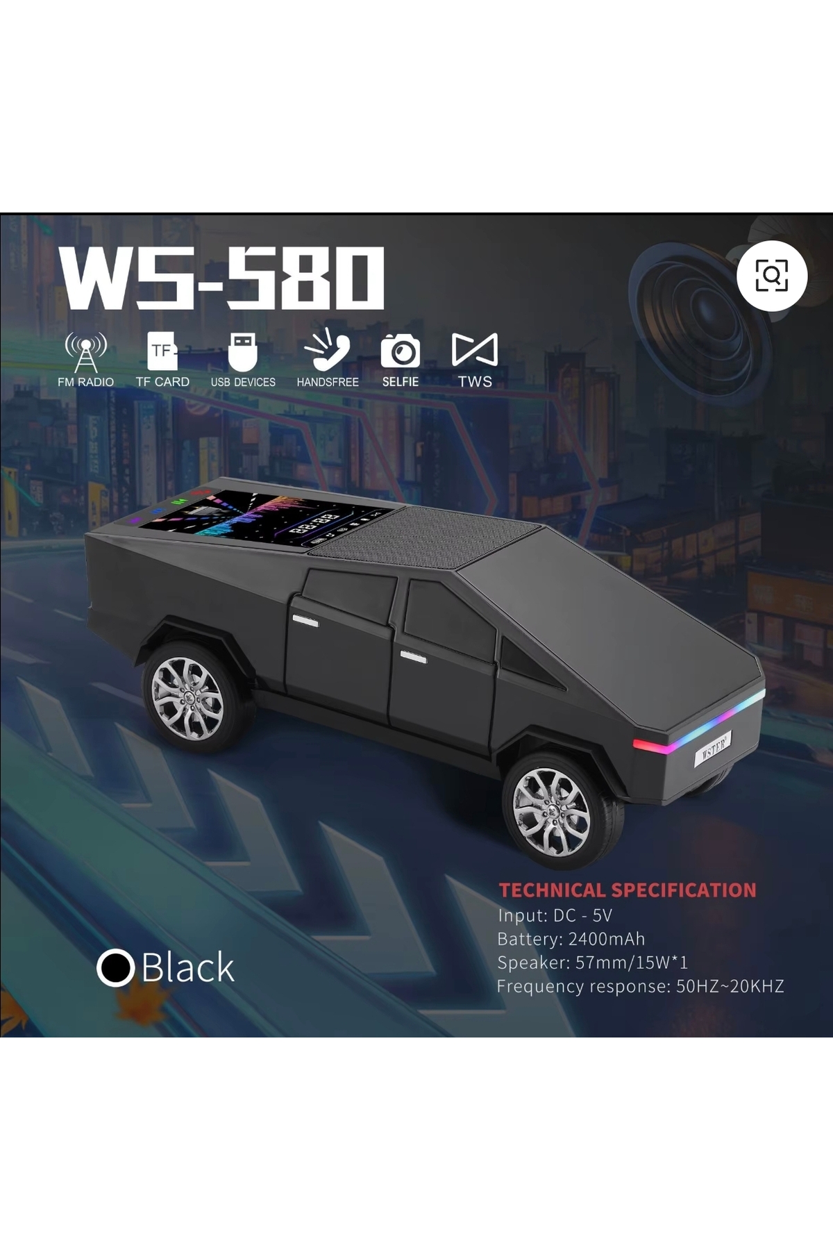 WS-580 Tesla Cybertruck Rechargeable Car Bluetooth Speaker Illuminated Speaker 15 Watt Fm Radio Sd Card USB