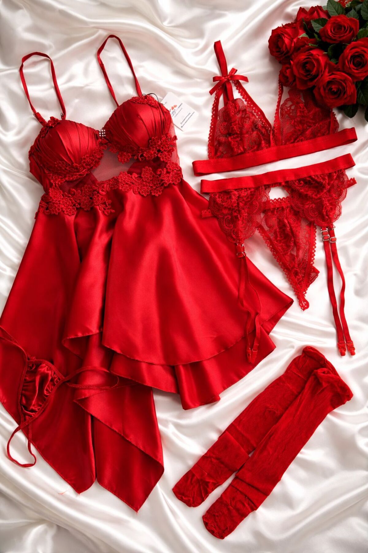 cdh çeyize dair herşey Kırmızı İpeksi Saten Gecelik ve İç Giyim Çeyiz Seti 6 Parça