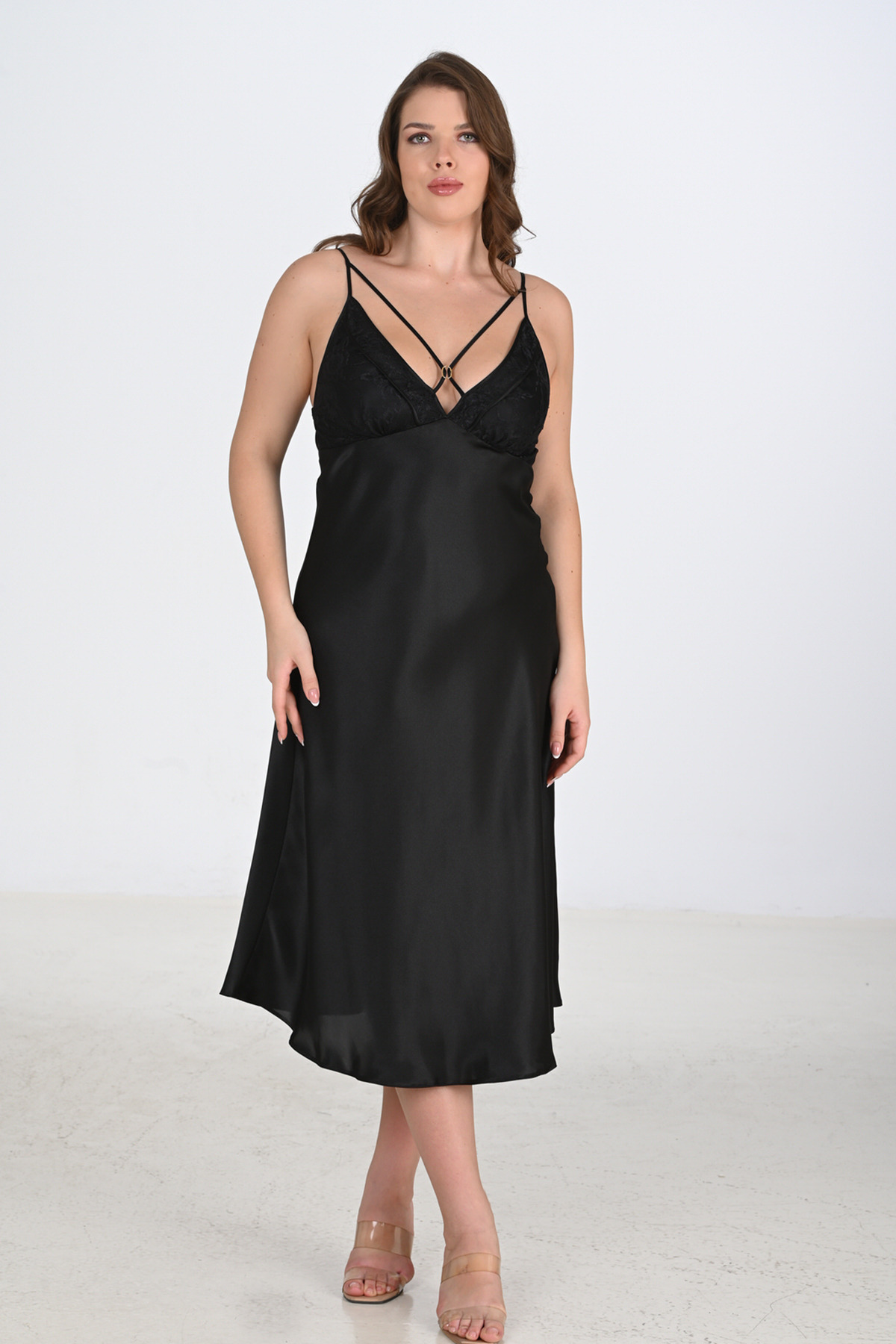Kompedan Kadın Saten Ön İp Detay Midi Gecelik | Siyah 2200